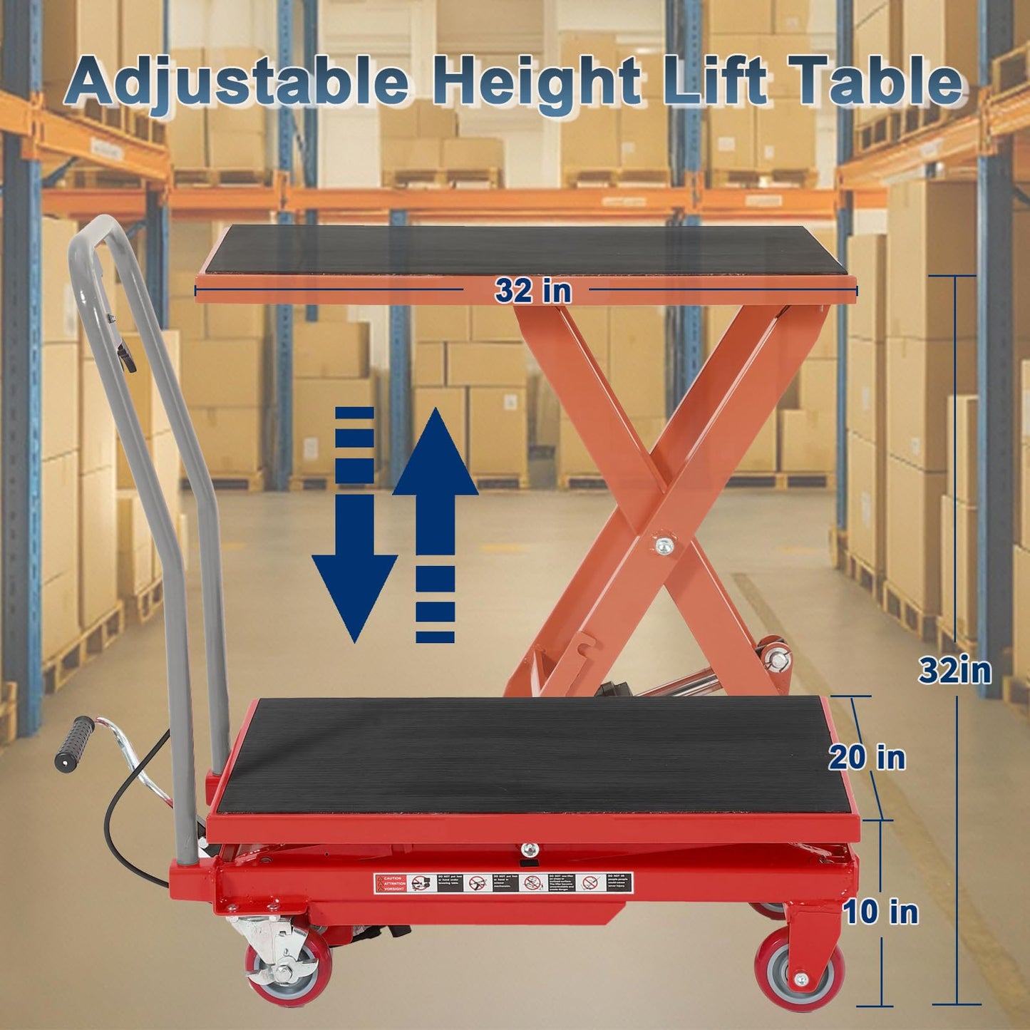 Hydraulic Lift Table Cart, 1100 LB Capacity, 32 in Lifting Height, Manual Single Scissor Lift Cart with Non Slip Platform & Wheels, Heavy Duty Lifting Table for Warehouse Shop, Red