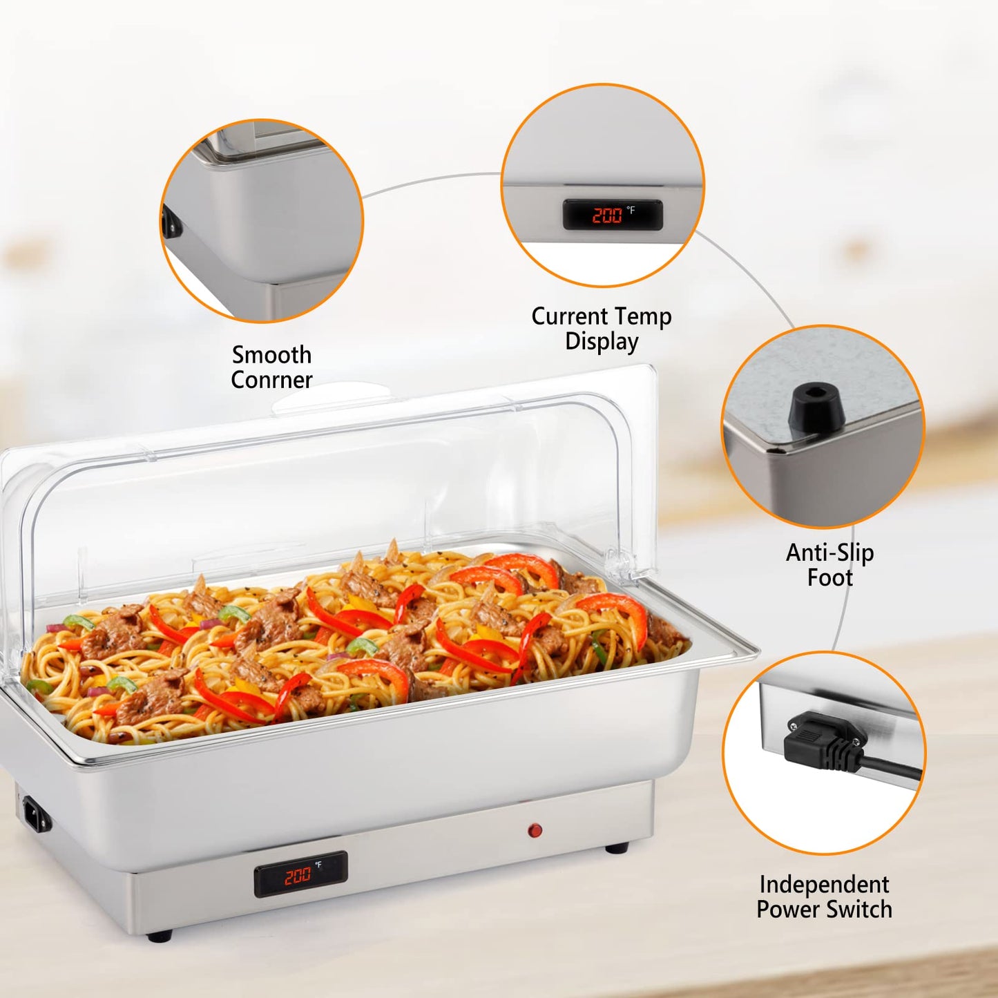 ROVSUN 2 Pack Electric 9 QT Stainless Steel Chafing Dish Buffet Set, NSF Roll Top Catering Chafer Server Food Warmer with Full Size & 2 Detachable Food Pans,Transparent PC Lid for Party Wedding