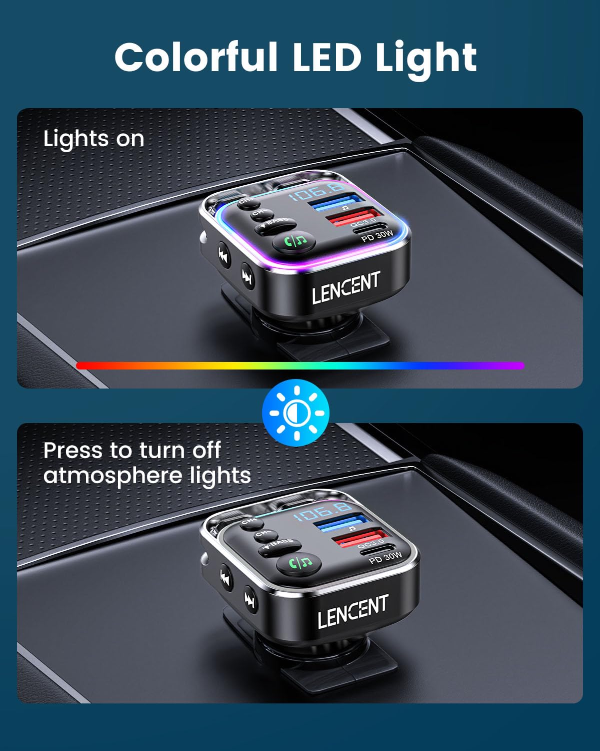 LENCENT Bluetooth 5.3 FM Transmitter Car Adapter 48W (PD30W & QC18W) Fast Charger, Light Switch, HiFi Bass Sound Audio Receiver Wireless Radio MP3 Music Player, Hands-Free Calling, Support USB Drive