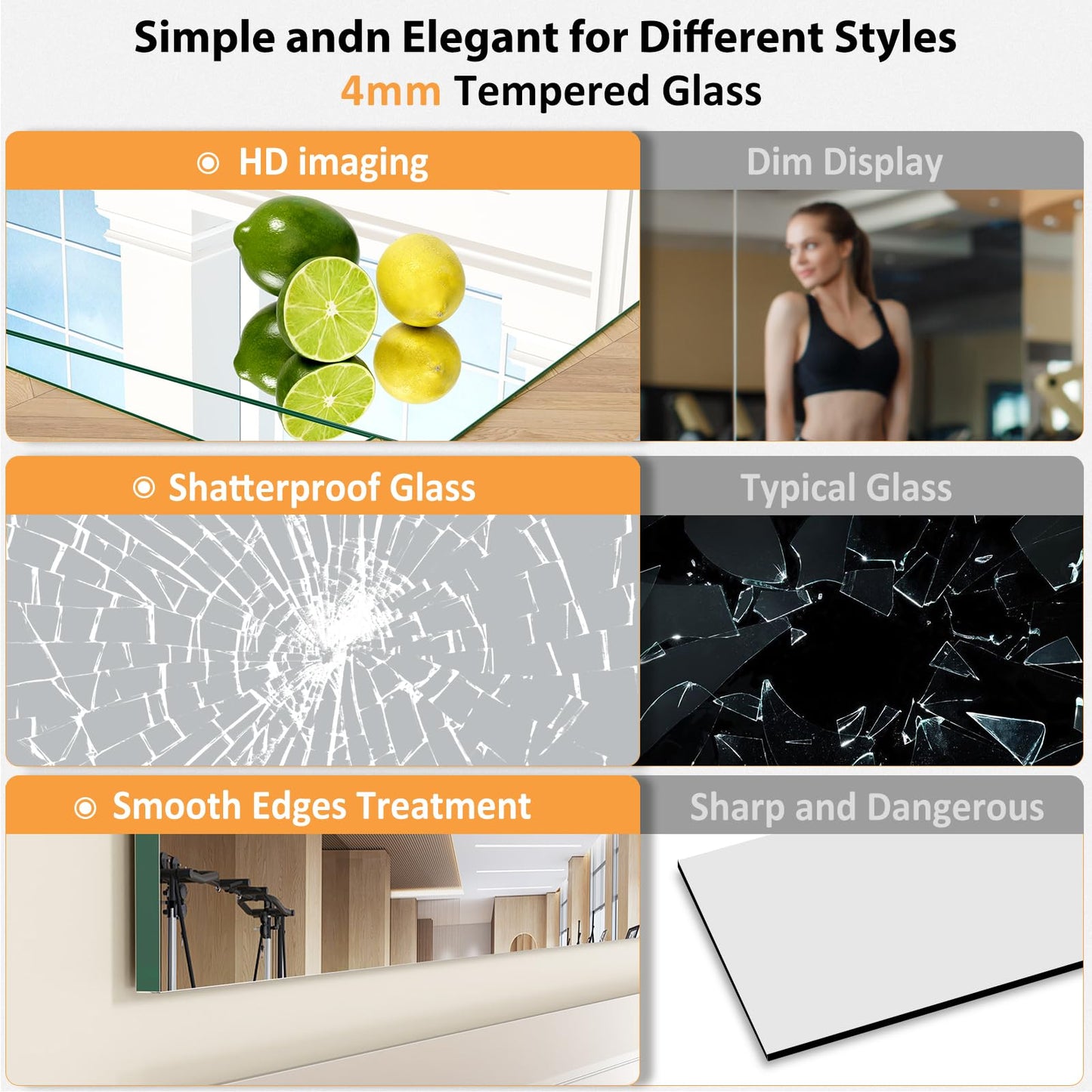 STAWDY Home Gym Mirror,48"x24"-3PCS Frameless Full Body Wall Mirror Length Tempered Glass Mirror Wall-Mounted Mirror for Gym,Yoga,Bedroom,Bathroom,Exercise Room
