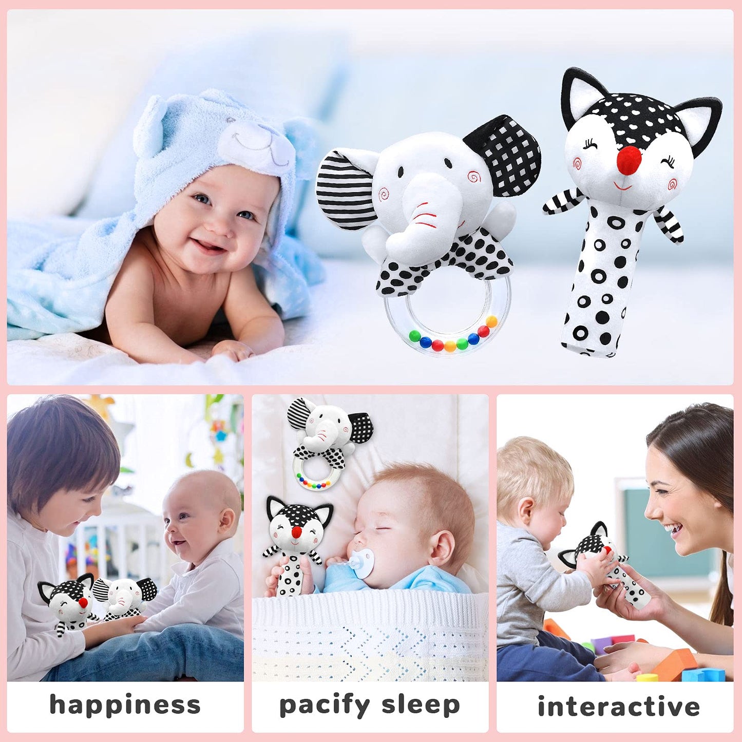 XIXILAND Black and White Baby Rattles & Colorful Farm Car Seat Toys Stroller Toys, Newborn to 12 Months