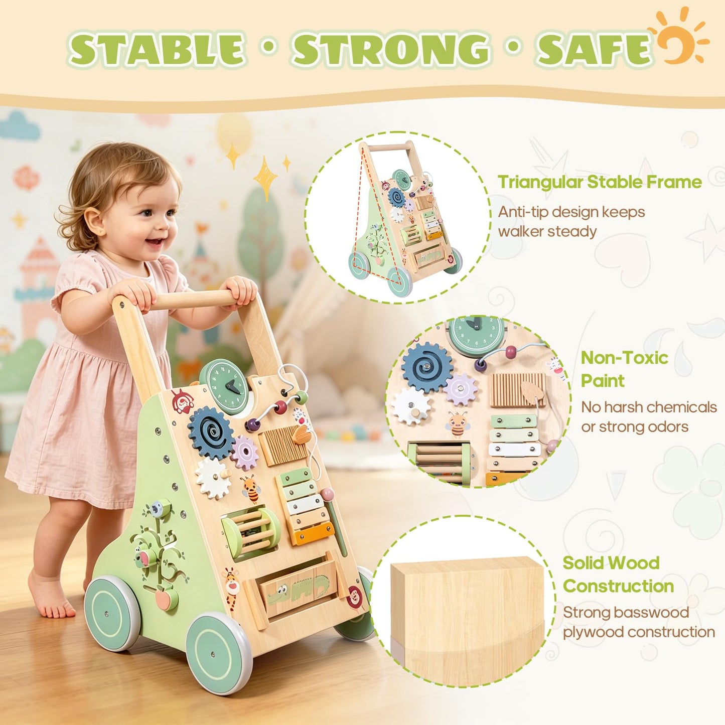 Brownroot Wooden Baby Walker with 10-in-1 Activity Center, Montessori Toddler Push Toy with Xylophone, Shape Sorter & Gears, Early Educational Learning Toy for 1+ Year Old Boys & Girls