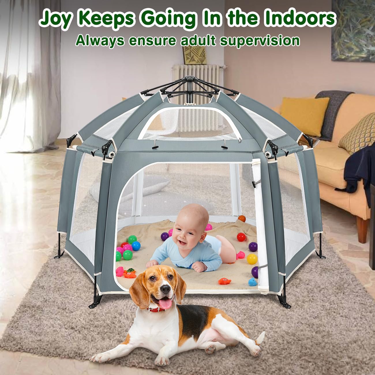 Zooawa Pop Up Playpen for Baby, 150*100 cm(L*H) Playpen for Babies and Toddlers with Removable Sun-Shades& 2 Side UV Covers, Lightweight Outdoor Baby Play pen for Beach Home with Travel Bag,Light Gray