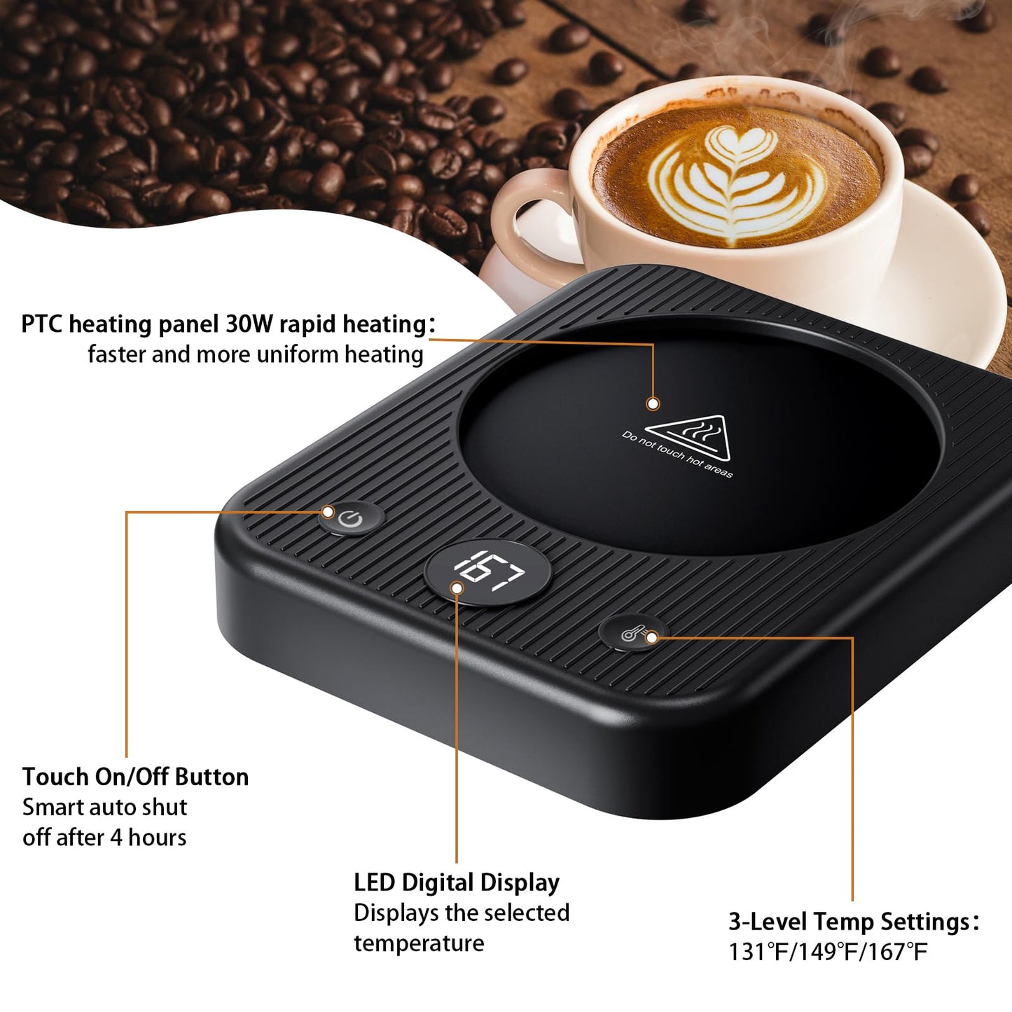 Waipfaru Coffee Warmer & Mug Set for Desk, Heated Cup With Auto Shut Off, Electric Self Heating & 3 Temperature Control Smart Mug for Office, Home and Travel, Black