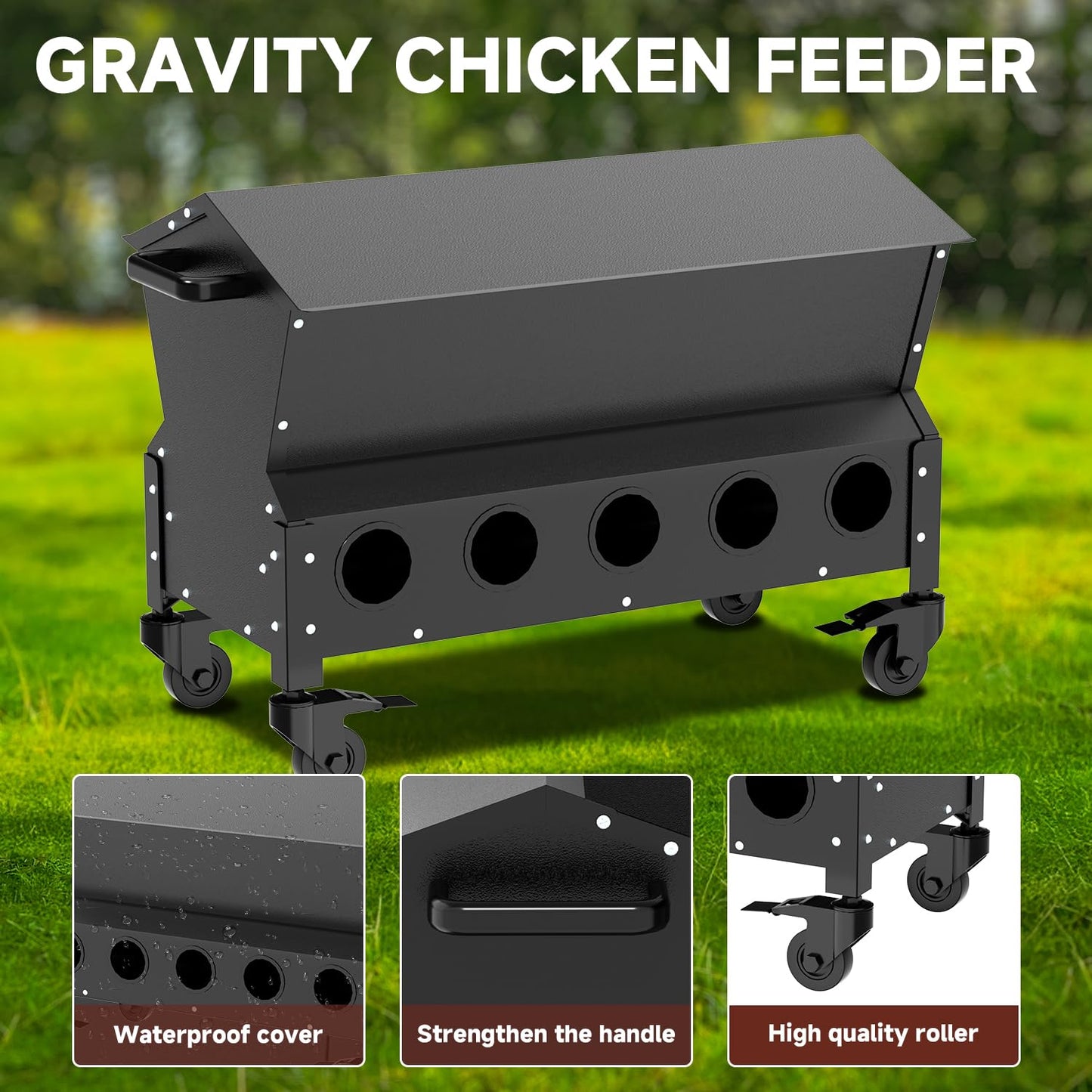 POOAMY Portable Metal Chicken Feeder with Waterproof Lid, Freestanding Chicken Feeding Box with 150 lbs Large Capacity for Chickens, No Waste Gravity Poultry Feeder, 4 Lockable Wheels for Moving.