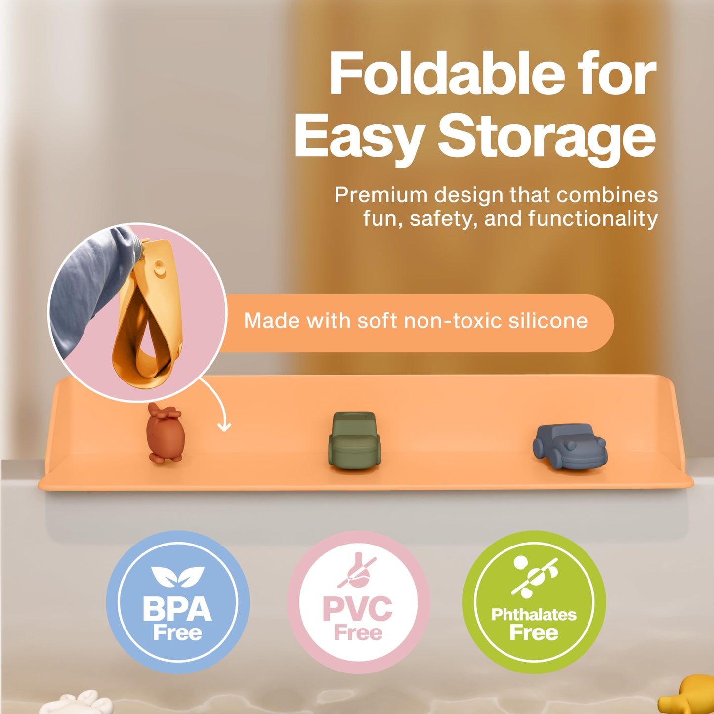 Little Splasher Original PlayPad, Bathtub Splash Guard Play Shelf - Toy Tray Caddy Holder Storage - Suction Cups Attach to Bath Tub - No Mess Water Spill in Bathroom for Toddlers Kids Baby (Orange)