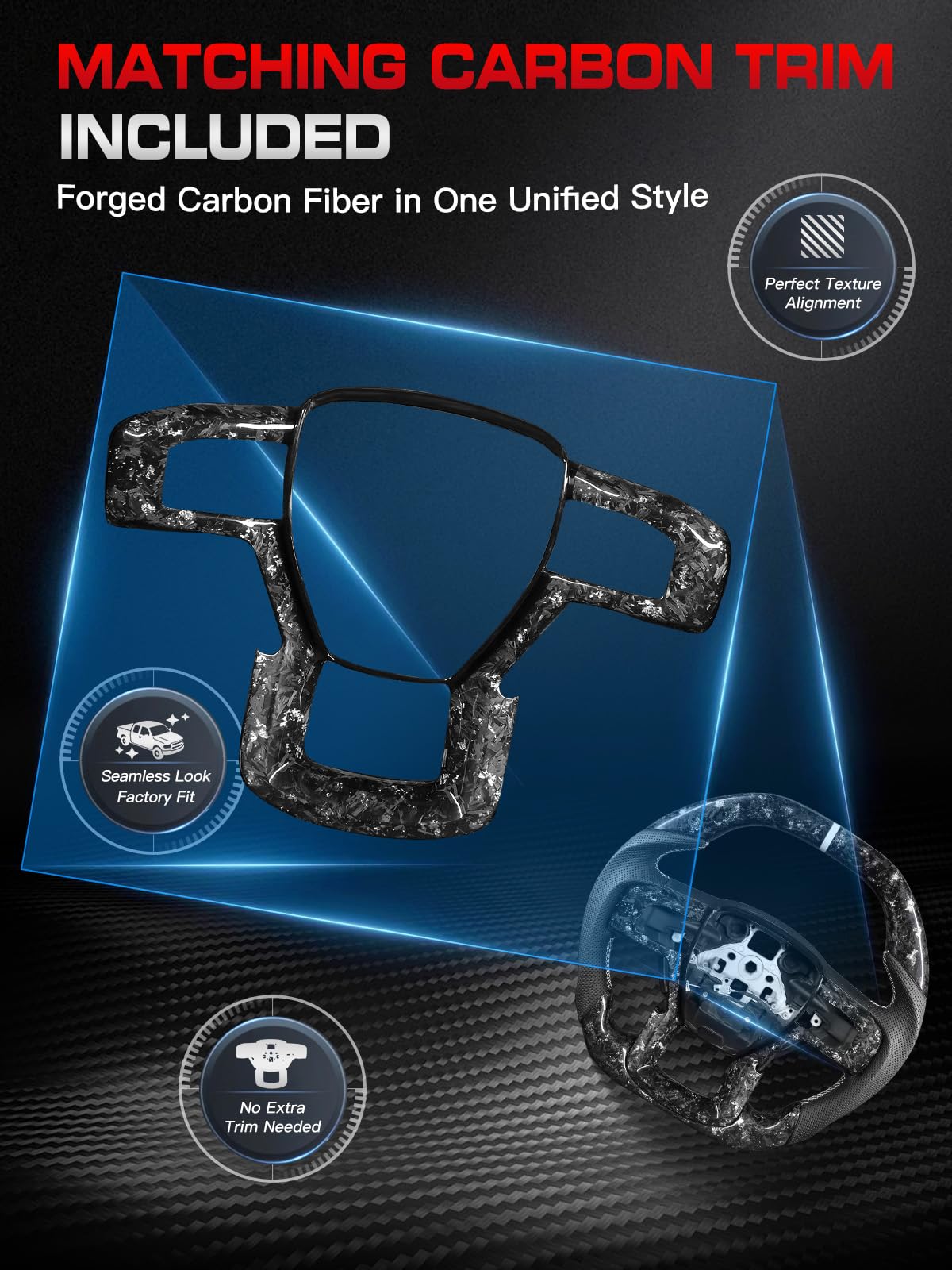 TESFEEL Forged Carbon Fiber Steering Wheel Heated for F150 Raptor 2017-2020 (Gen 2), Silver Foil Accents with Matching Trim, Double-D Design, White Stripe & Stitching, Fits Paddle Shifter Models