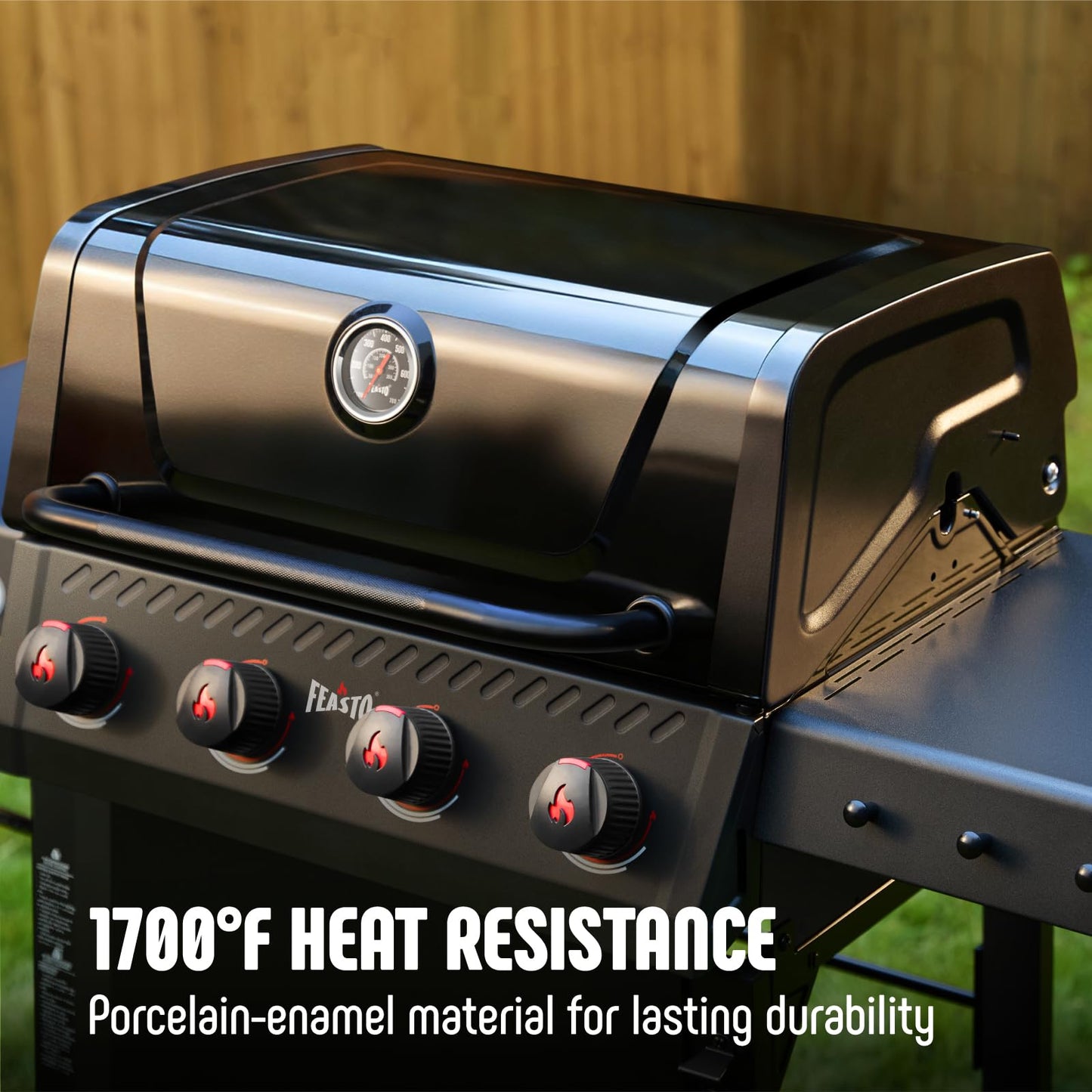 Feasto 4 Burner Gas Grill, 36,000 BTU Outdoor BBQ Grill with Side Table for Outdoor Cooking & Backyard Barbecue, Premium Enameled Coated Chamber Body with Porcelain-Enameled Grates, Black