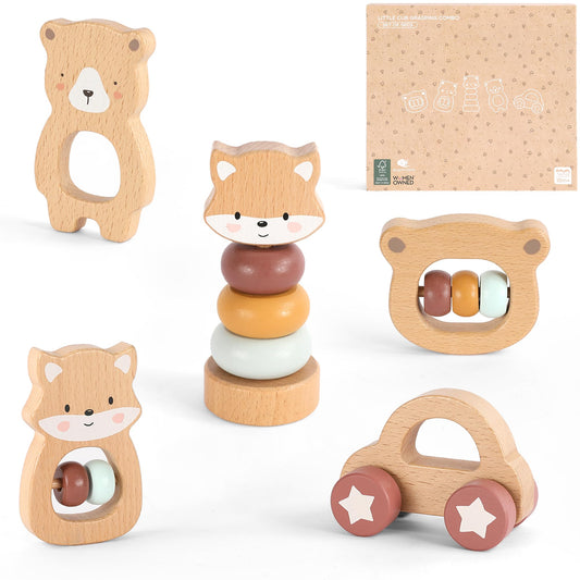 Freniland Wooden Montessori Toys, 5-Piece Wooden Baby Toys, Bear Baby Rattle, Fox Stacking Ring, Car Push and Pull Toys, Bear Grasping Toys,Newborn Baby Gift Sets for Boys and Girls
