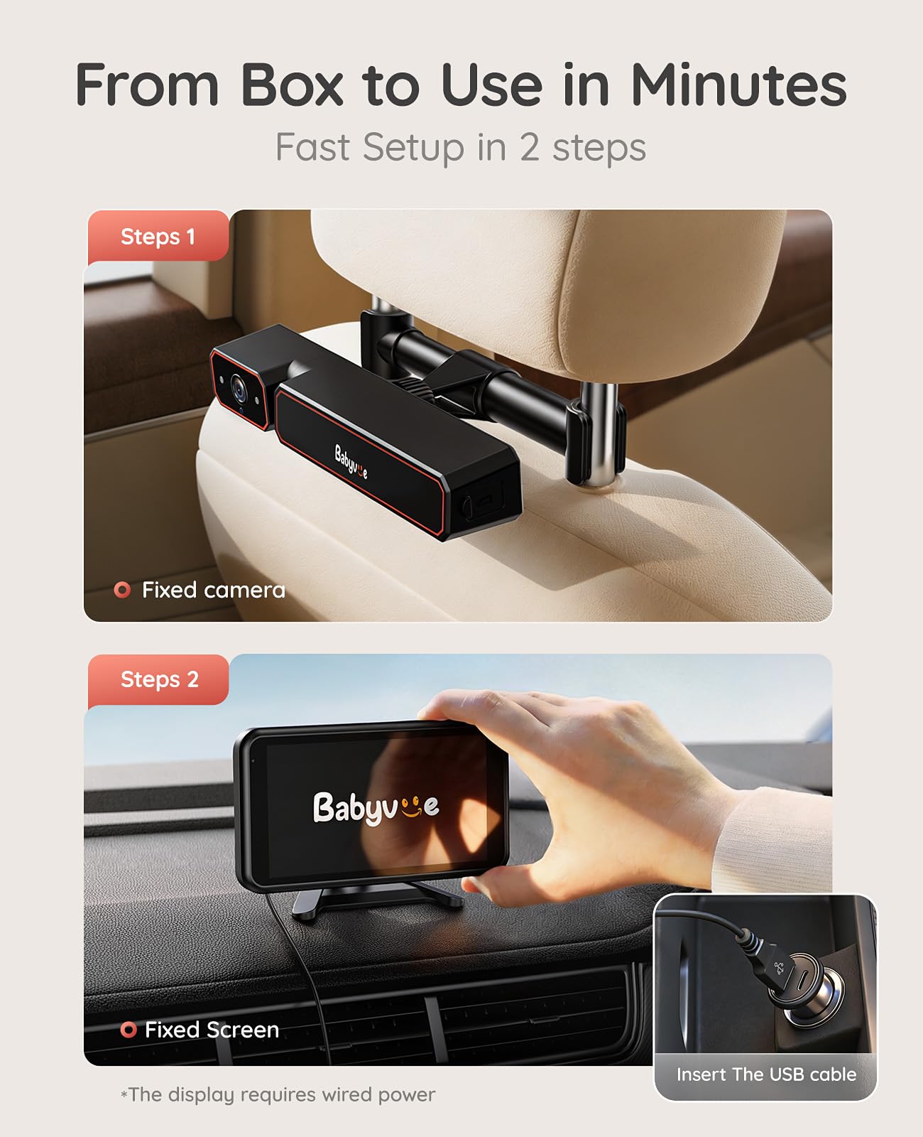 Babyvue Wireless Baby Car Camera, Easy 2-Step Setup, 5.2" Display, 1080P HD IR Night Vision, Clip-On or Strap Mount, 3X Zoom, Back Seat Camera for Baby