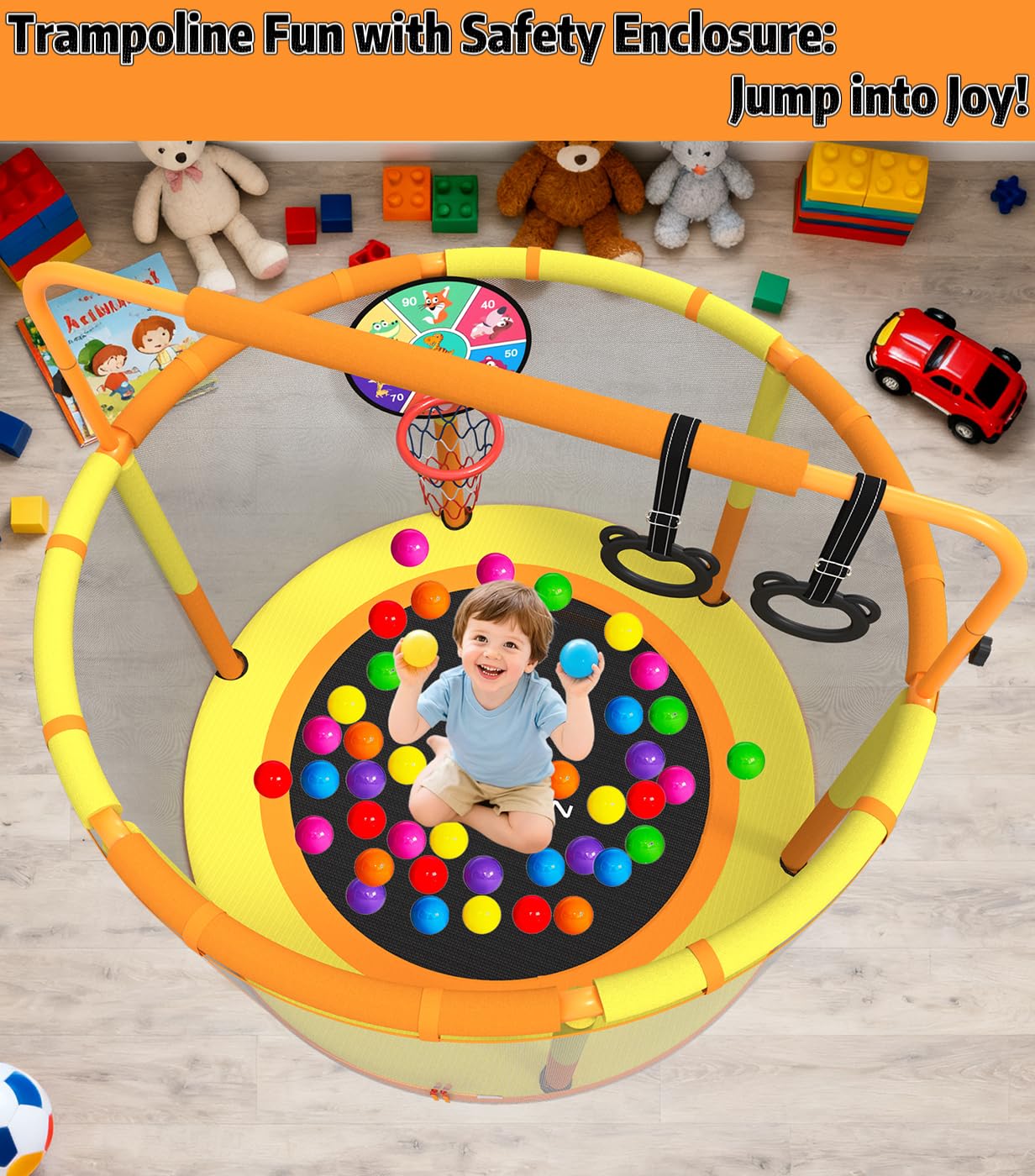 LANGXUN 60" Trampoline for Kids, 5ft Toddler Mini 6-in-1 Trampoline Indoor Outdoor with Swing, Basketball Hoop, Dart Board, Rings, Christmas Toys Birthday Gifts for Girls Boys