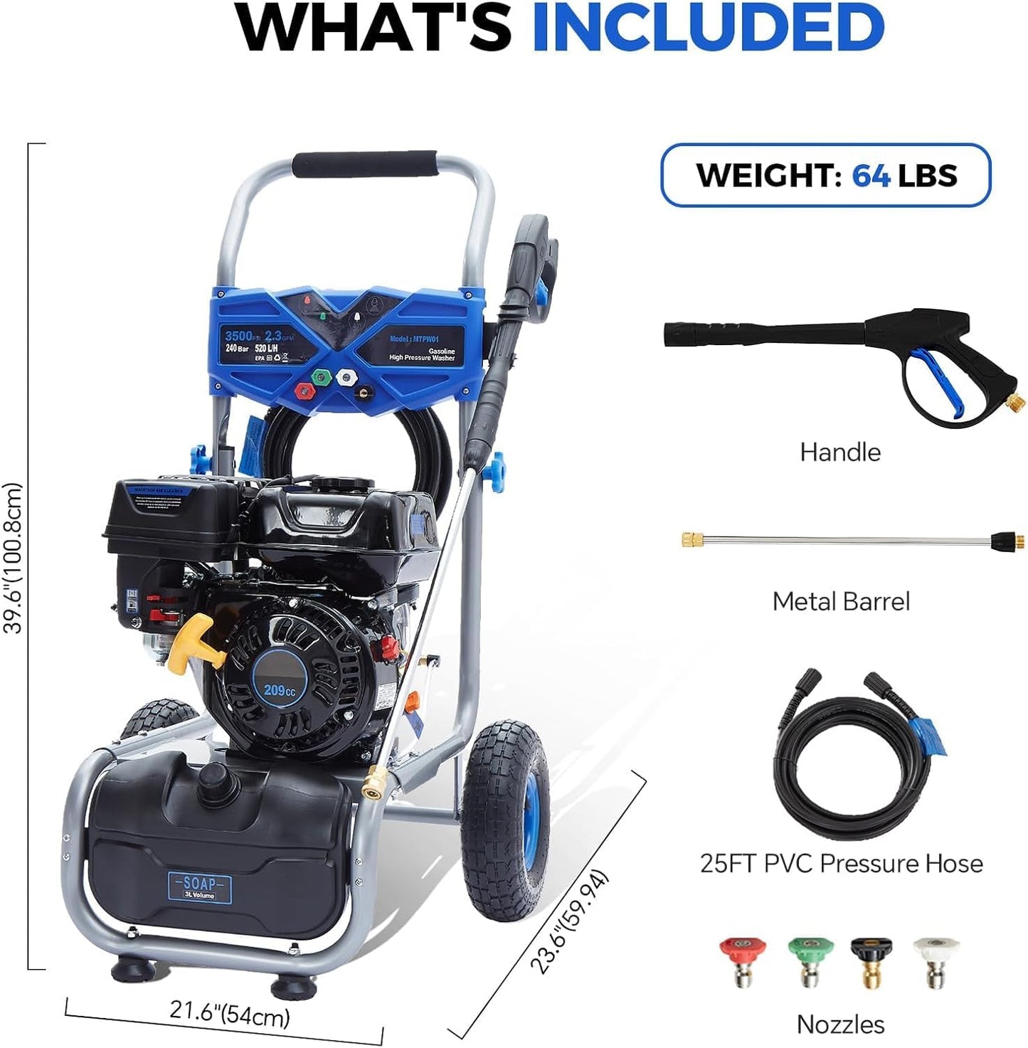 Hushlight Gas Pressure Washer, 3500 PSI 2.3 GPM Power Washer with 209CC Engine, 4 Quick-Connect Nozzles, 25FT Hose, 3L Soap Tank, High Pressure Washer for Car, Driveway, Fence, Patio, Home Cleaning