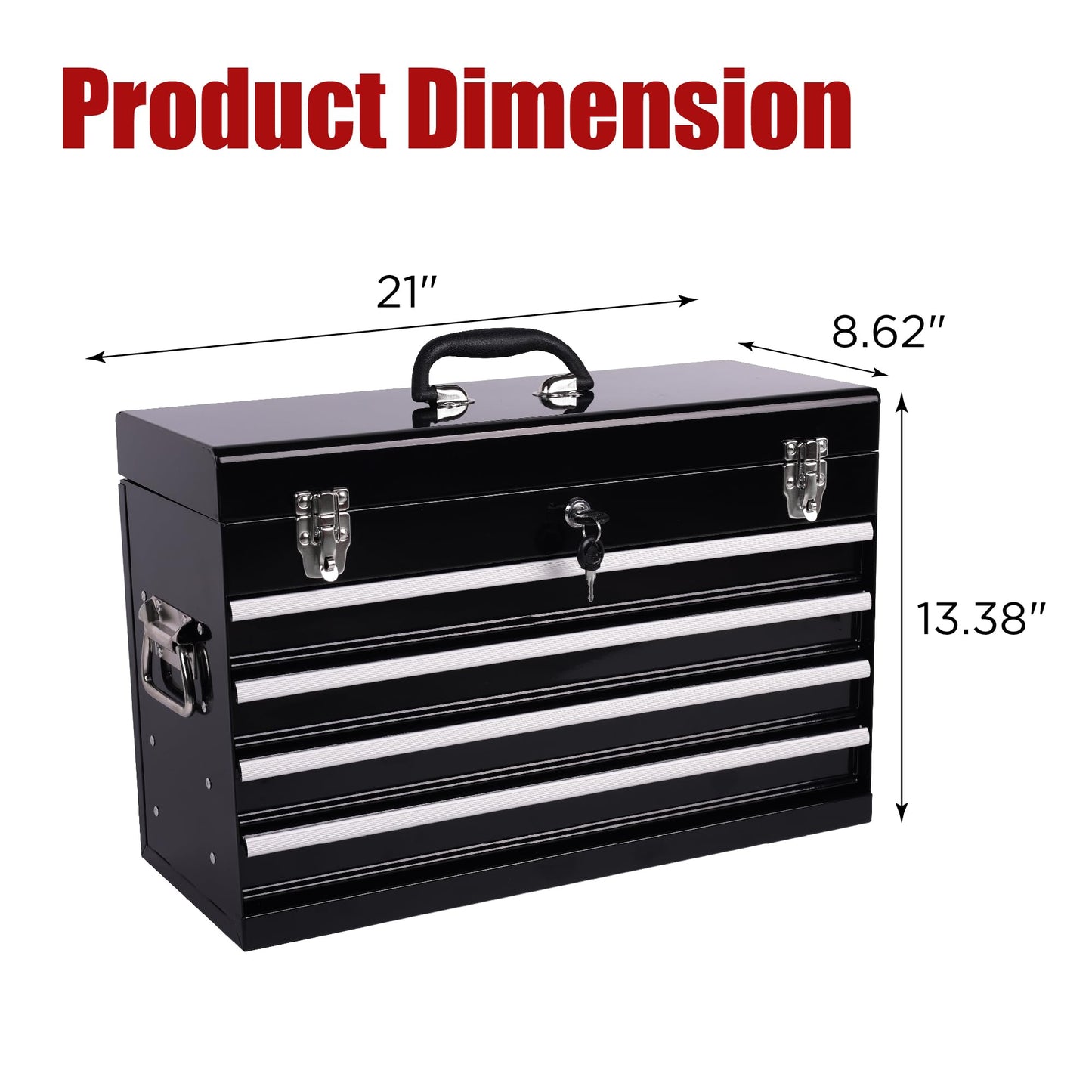 Heavy Duty 21 Inches Metal Tool Box with 4 Drawers - Portable Locking Tool Chest with Ball Bearing Slides, Powder Coated Steel & EVA Liners - Multi-Function Garage & Workshop Organizer (Black)
