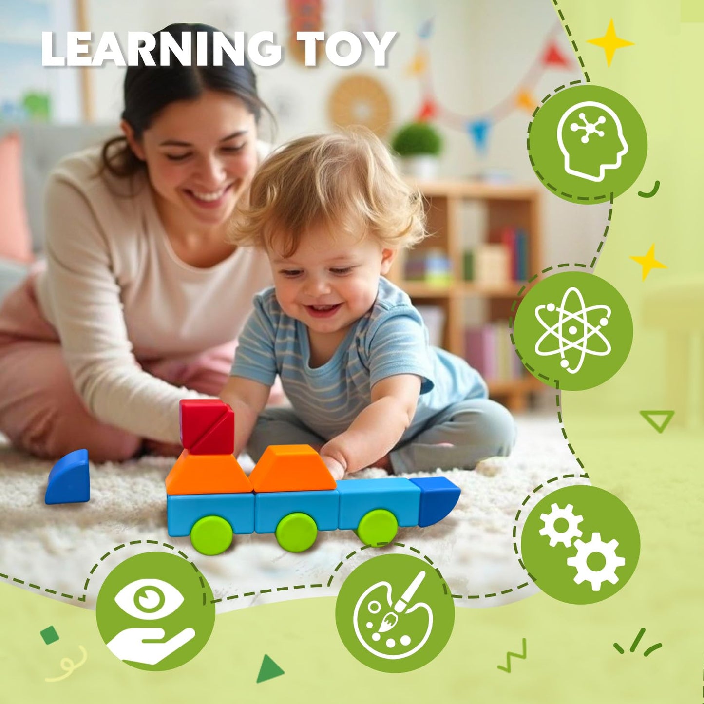 Pairez Toys Magnetic Building Blocks, Large Magnetic Blocks for Kids Ages 1-3, 3D Geometric Shapes Stacking Blocks Set, Montessori Sensory Toys for Toddlers, Boys & Girls (12pcs)