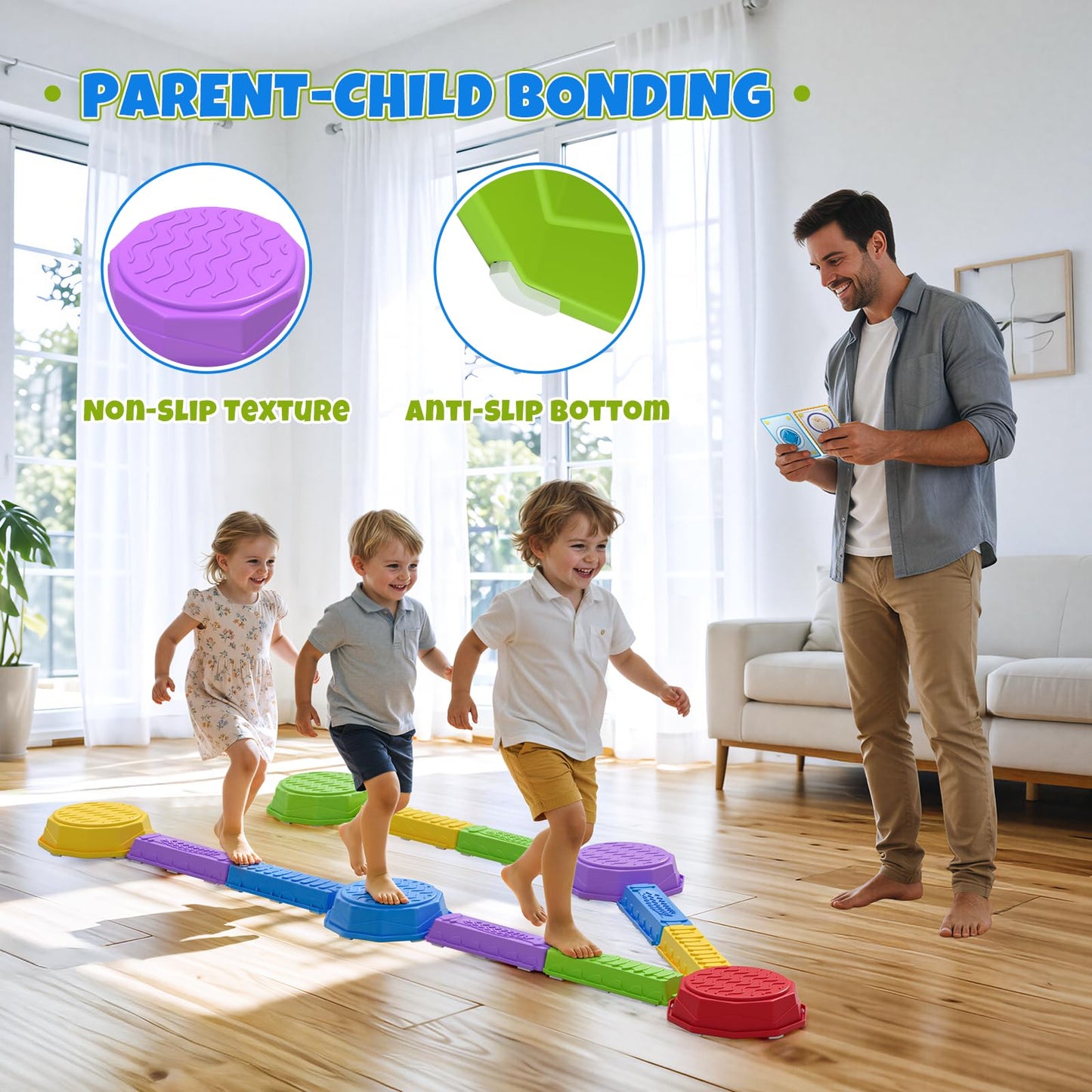 Wee Wonders Balance Beam Stepping Stones for Kids, Non-Slip Sensory Obstacle Course Toys for Toddlers, Stackable Balance Stones with Game Spinner & 30 Card, Indoor Outdoor Gifts for Boys Girls 3-5