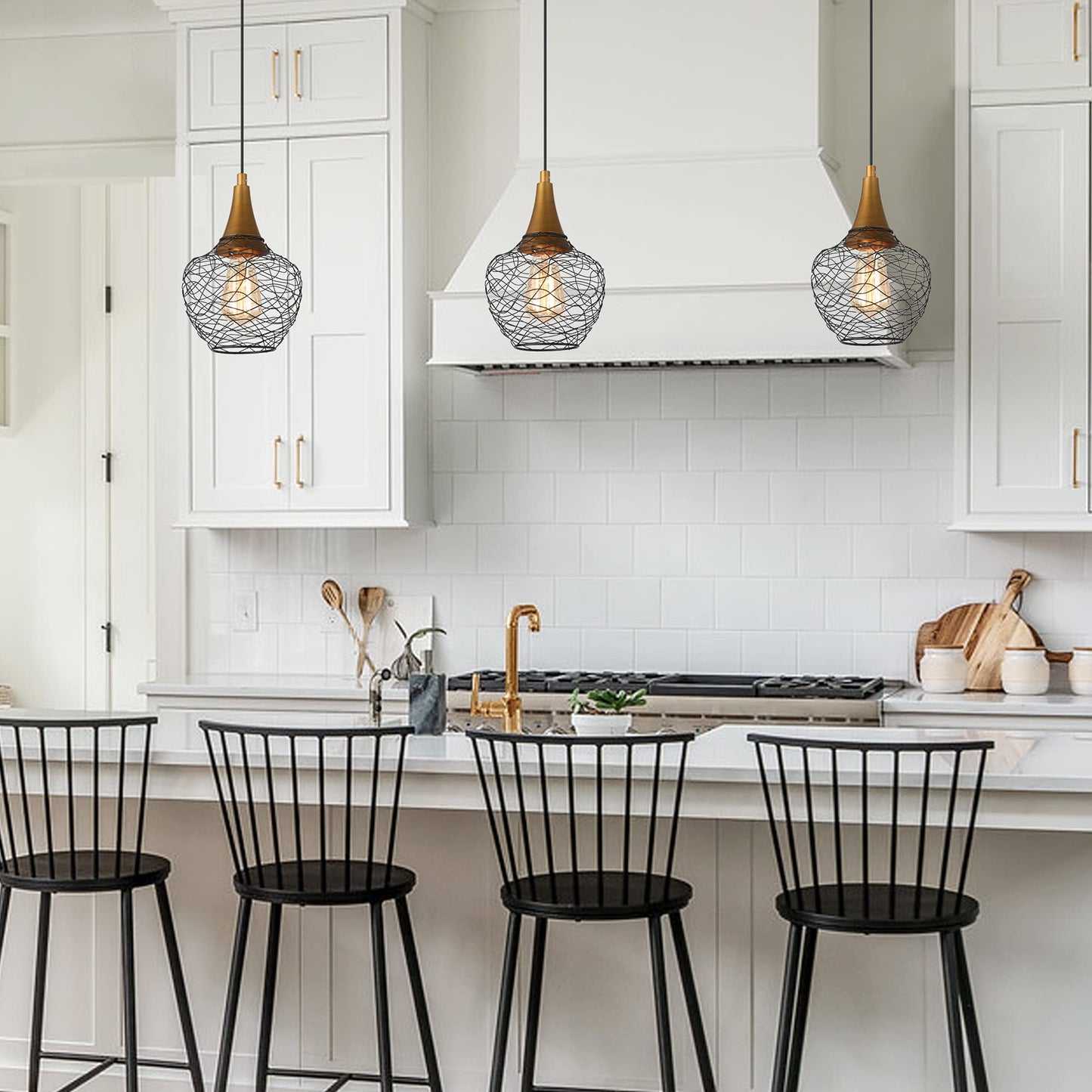 Durent Lighting Brass Modern Industrial Pendant Light, Antique Gold and Black Pendant Lighting Fixtures with Metal Wire Cage for Kitchen Island, Dining Room, Foyer and Bedroom