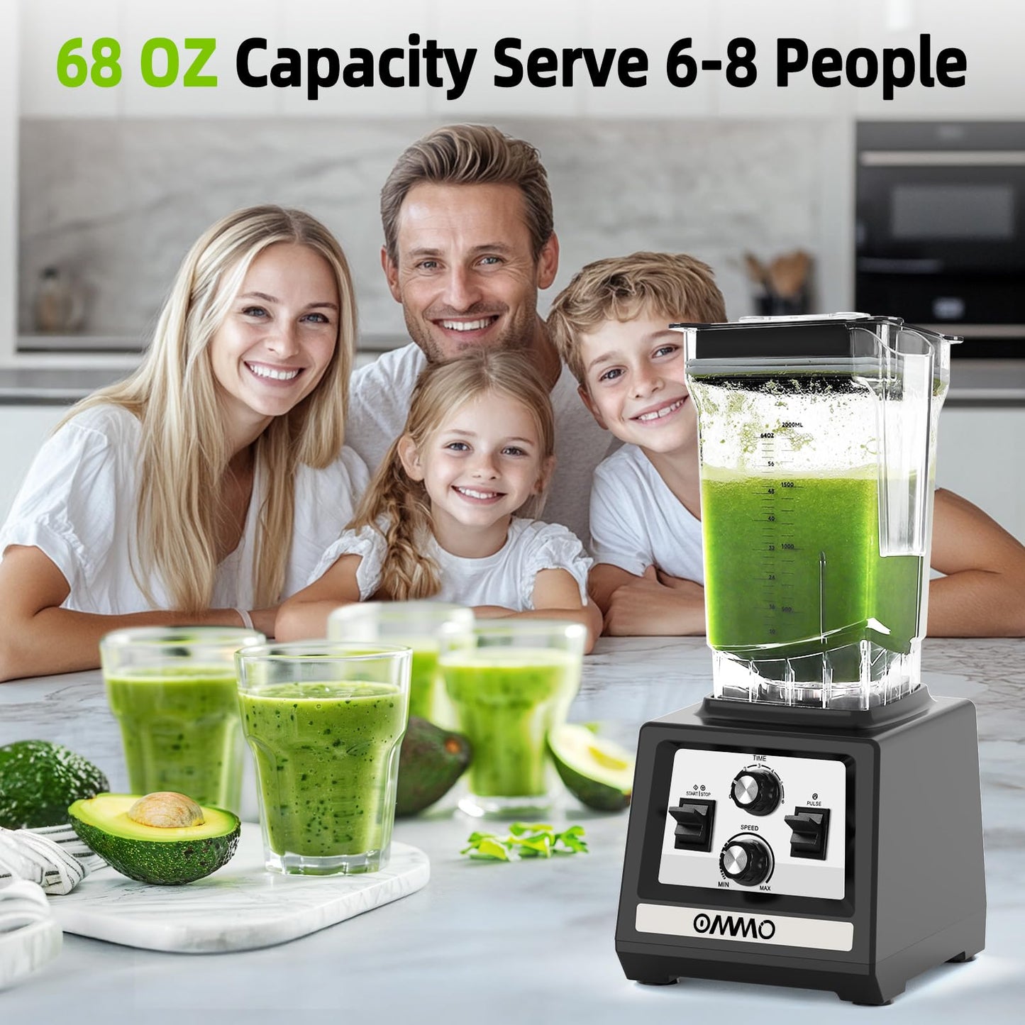 OMMO Blender for Smoothies: 1800W Peak Blenders for Kitchen, 68oz BPA-Free Pitcher, Timer & Speed Control, 6 Stainless Steel Blades, Dishwasher Safe Blender for Ice Crush/Smoothies/Frozen Drinks/Black