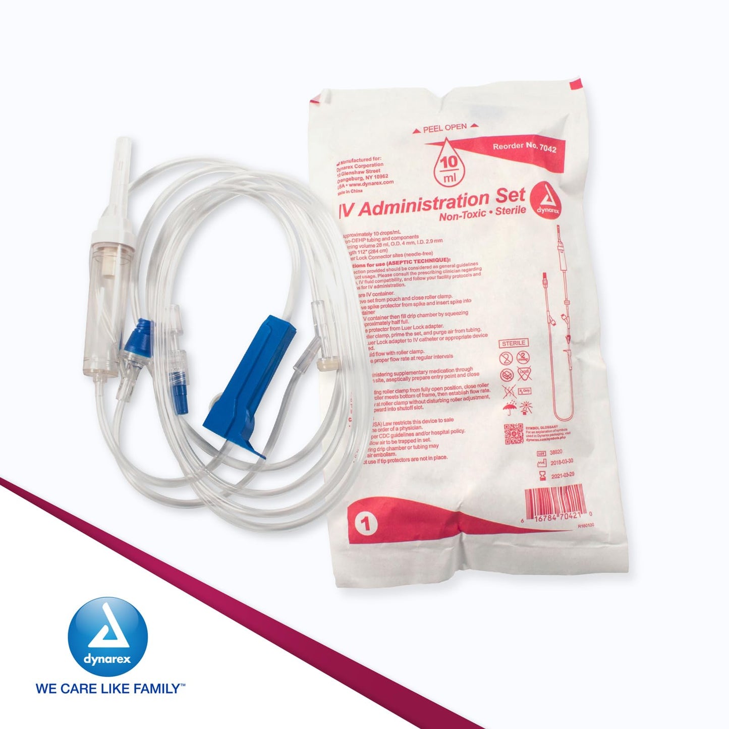 Dynarex 7042 IV Administration Set with 2 Needles Port and Check Valve, 10 Drop/mL, 112" Length, Pack of 50