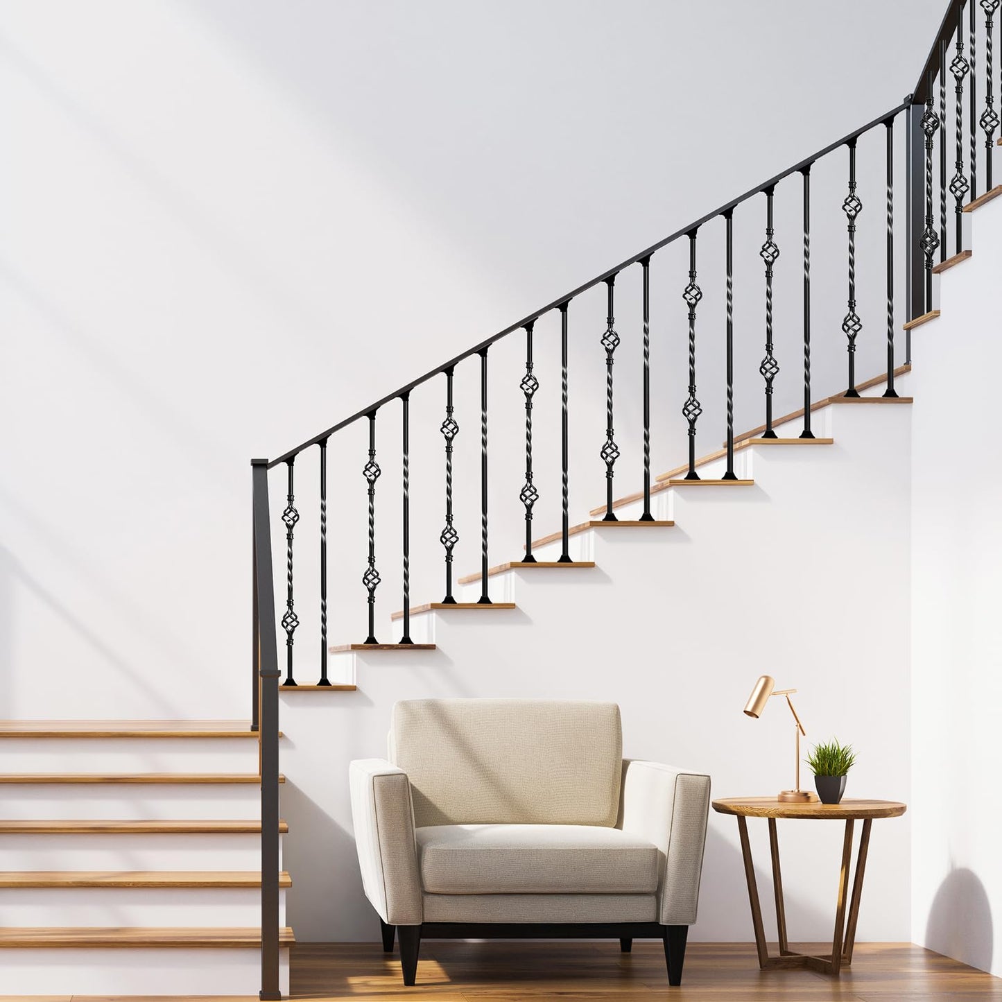 30 Pack Wrought Iron Balusters for Staircase Interior, 1/2" x 44" Hollow Deck Spindles Stair Railing Indoor with 60 Fixed Swivel Shoes, Metal Double Basket Decorative Stair - Matte Black