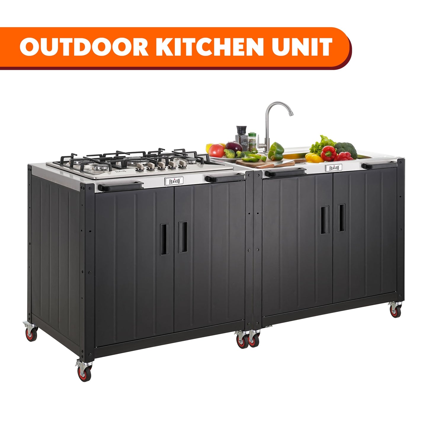 Feasto Gas Grill, Movable Outdoor Gas Stove Stainless Steel Top with Cabinet, 5 Burners with 36,200 BTUs, Outdoor Propane Grill for Outdoor Cooking, Ideal for Lawn & Garden, L35.4 x W24