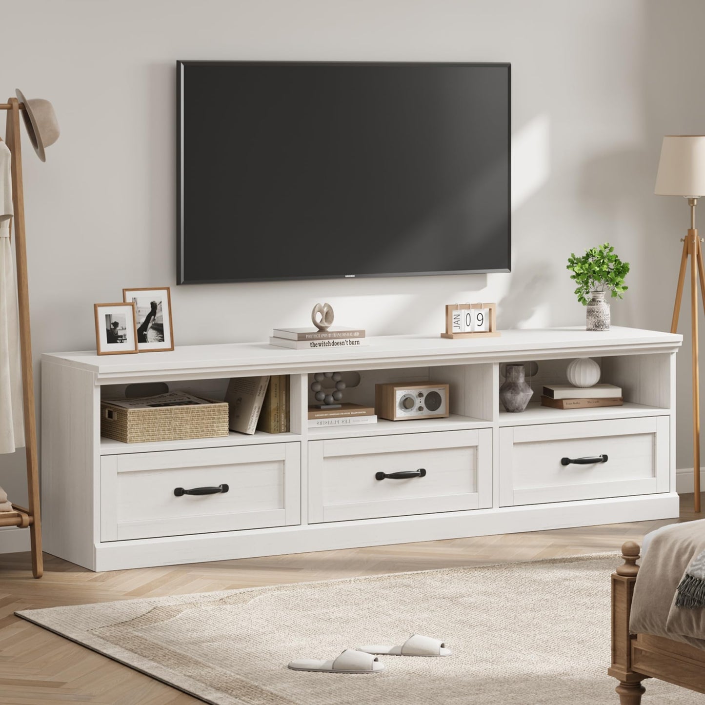 IDEALHOUSE 70in TV Stand for TVs up to 80", Mid Century Modern Entertainment Center with Storage Drawer and Open Shelves, TV Console Media Cabinet for Living Room, Bedroom, Antique White