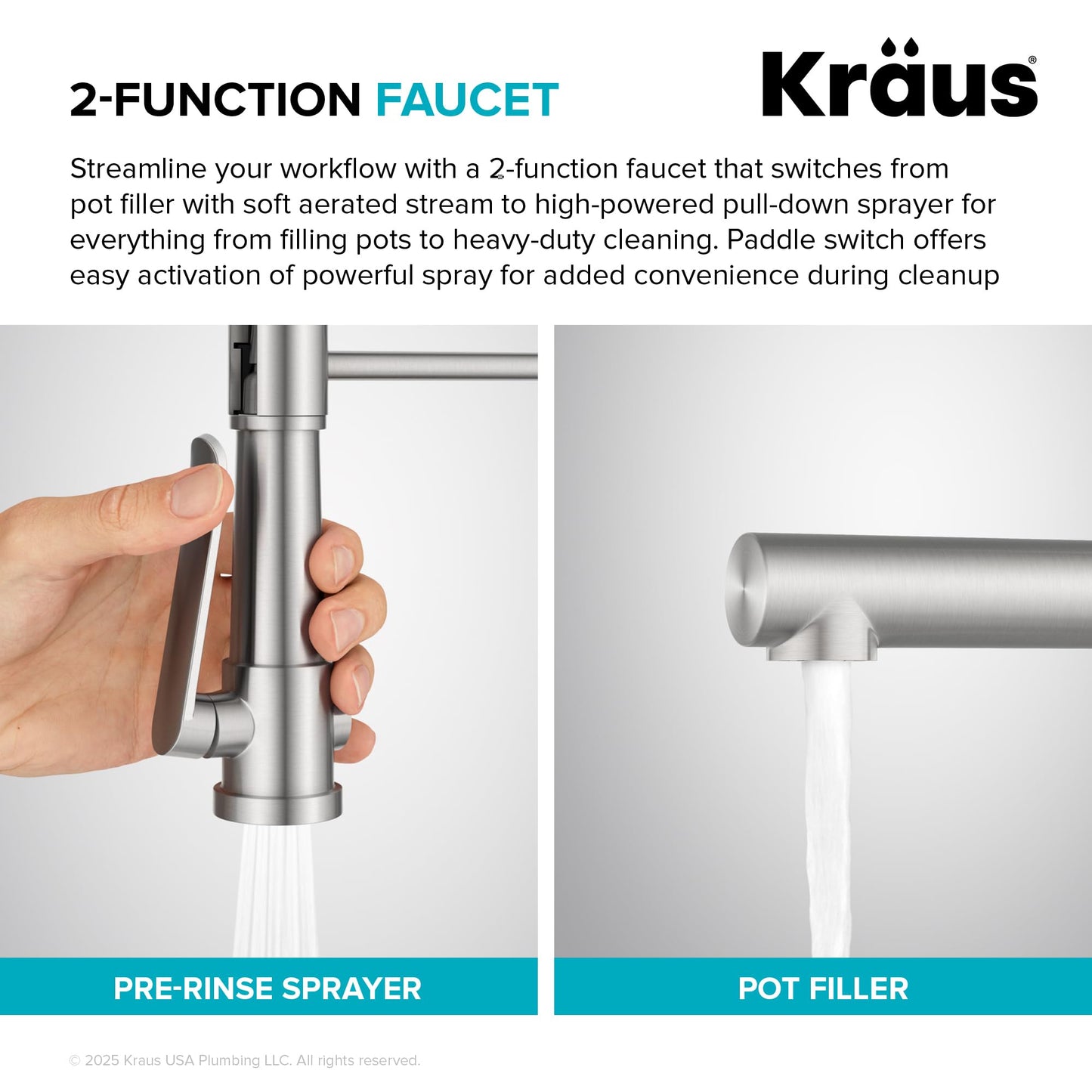 KRAUS Artec Pro Commercial Style 2-Function Single Handle Pull Down Kitchen Faucet with Pot Filler in Spot-Free Stainless Steel, KPF-1605SFS