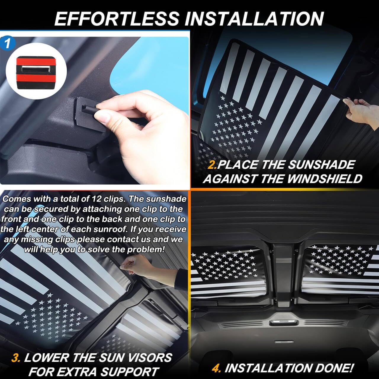 for Hummer EV Accessories 4 Top Glass Sunroof Sun Shade,No Gaps No-Sagging Roof Sun Shade Heat Insulation Foldable Reflective UV for Hummer EV SUV Pickup 2022-2024-2025 2026 (American Flag)