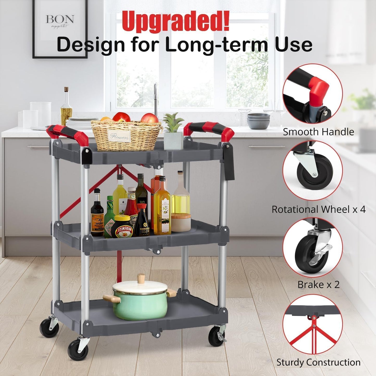 3-Tier Holds Foldable Utility Carts, Collapsible Service Rolling Carts with Wheels， for Home, Office, Garage, and Warehouse，No Installation Required