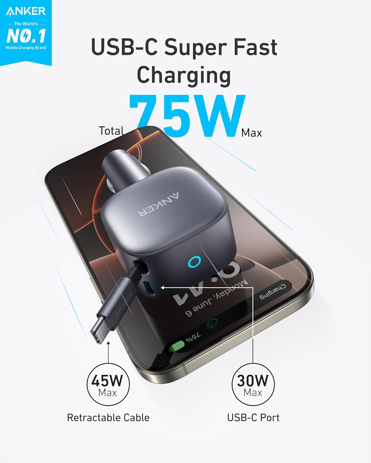 Anker USB-C Car Charger, 75W Max, Ultra-Compact, Type-C Fast Charger with Built-in Retractable USB-C Cable, Car Adapter for iPhone 16/15 Series, MacBook Pro/Air, iPad, Galaxy, AirPods, and More
