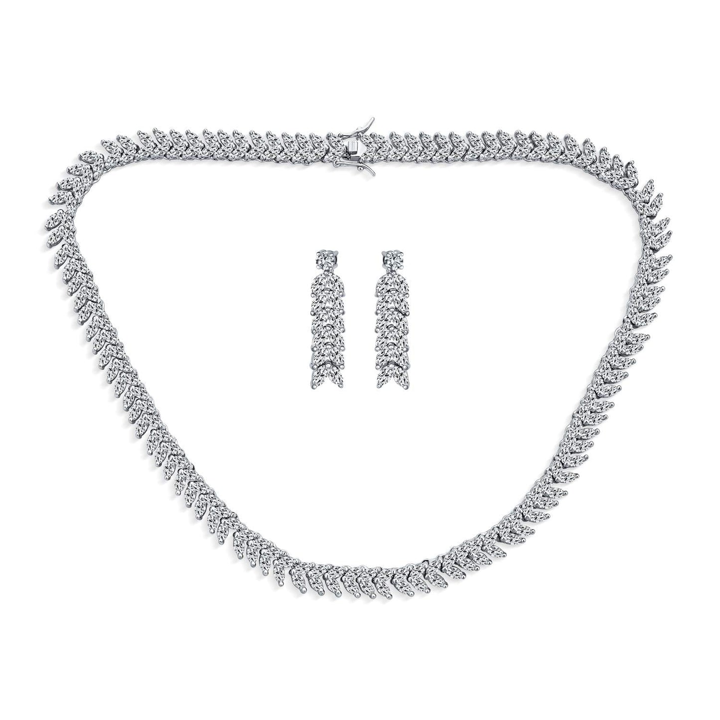 Art Deco Style Fashion Bridal Multi Marquise AAA CZ Statement Collar Tennis Necklace Matching Chandelier Dangle Earrings Jewelry Set For Women Wedding Prom Pageant Silver Plated