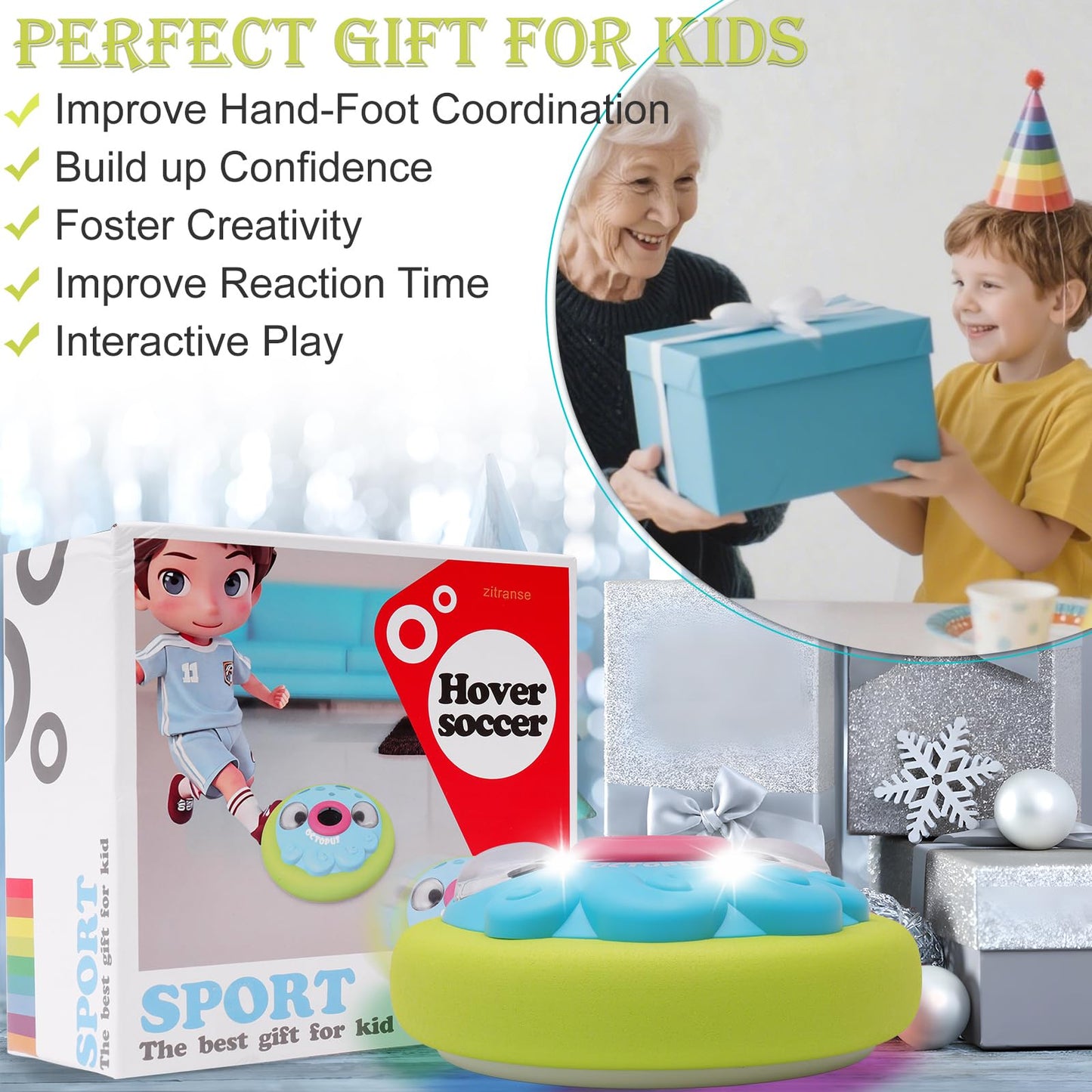 Hover Soccer Ball for Kids,Rechargeable Air Floating Football,LED Lights,Soft Foam Bumpers,Octopus,Christmas Birthday Gifts,Indoor Outdoor Toy Games for Boys girls Age 3+4,5,7,9,10,11 Year Old,6-8-12