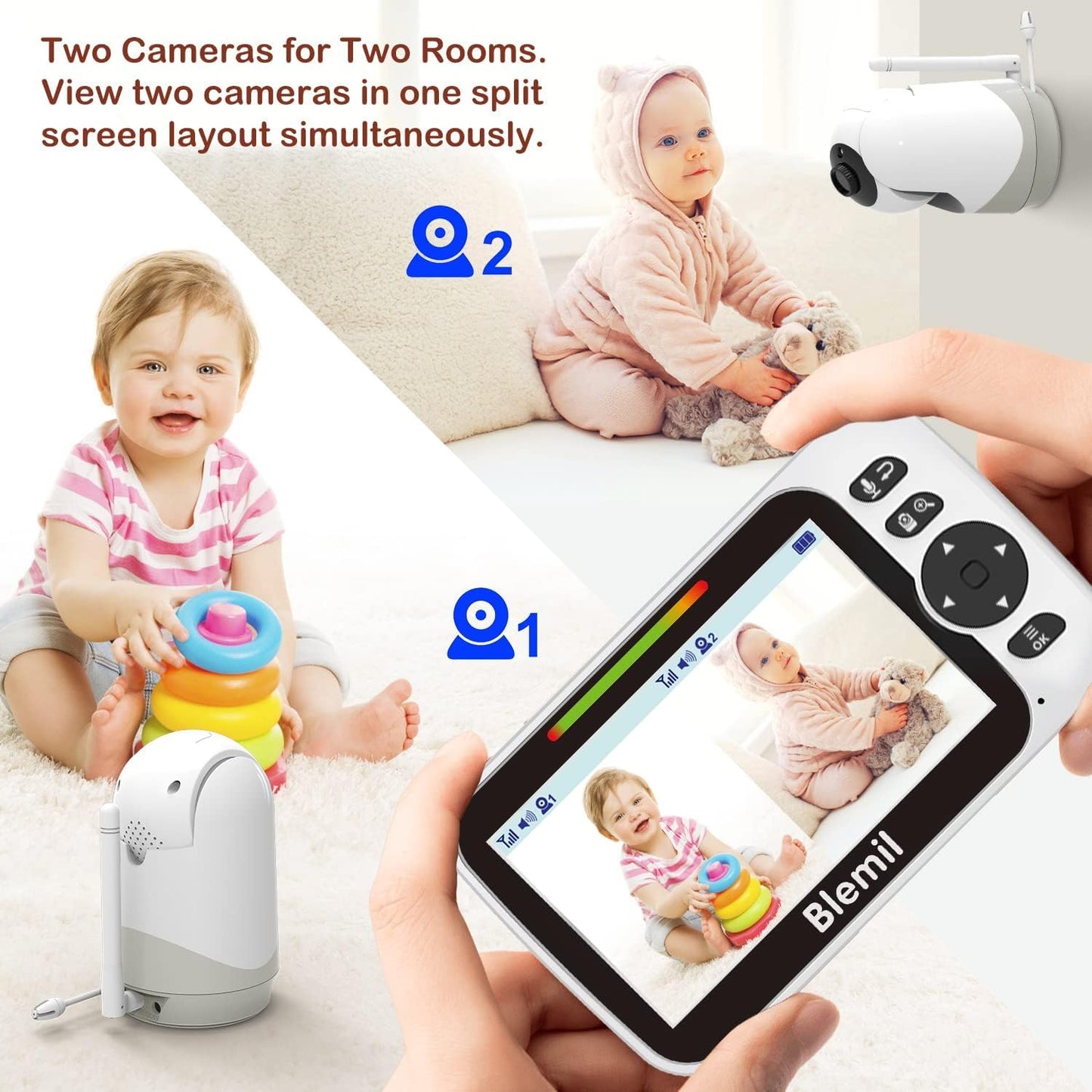Blemil Upgrade Baby Monitor with 30-Hour Battery, 5" Large Split-Screen Video Baby Monitor with 2 Cameras and Audio, Remote Pan/Tilt/Zoom, Two-Way Talk, Room Temperature, Night Vision, 1000ft Range