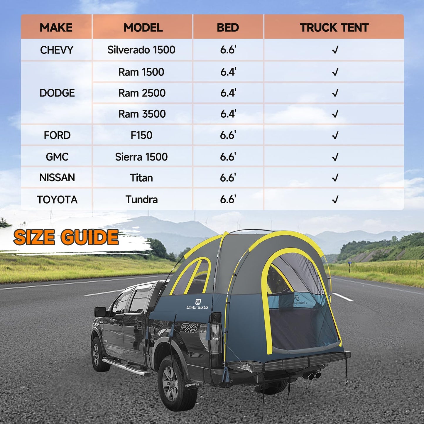 Truck Bed Tent 6.5ft: Easy Set Up Umburato Pickup Truck Tents for Camping, Waterproof PU3000mm Canopy for Truck Camper, Portable, Spacious for 2 Person Blue