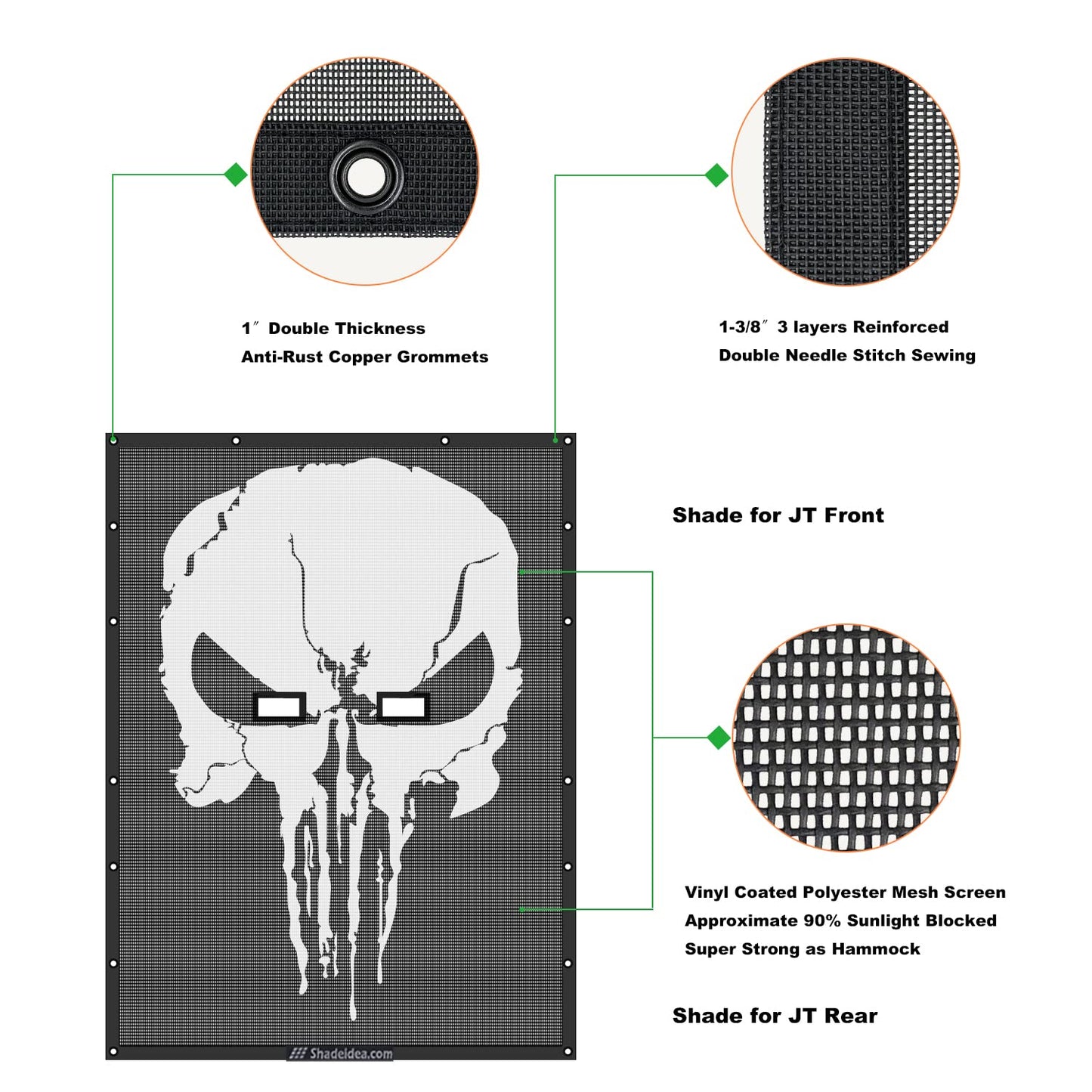 Shadeidea JT Sun Shade Top Compatible with Jeep Gladiator Top Sunshade - Mesh Screen Roof Cover (2018-2023), Wind Noise UV Blocker -10 Year Warranty - Punisher - Front&Rear