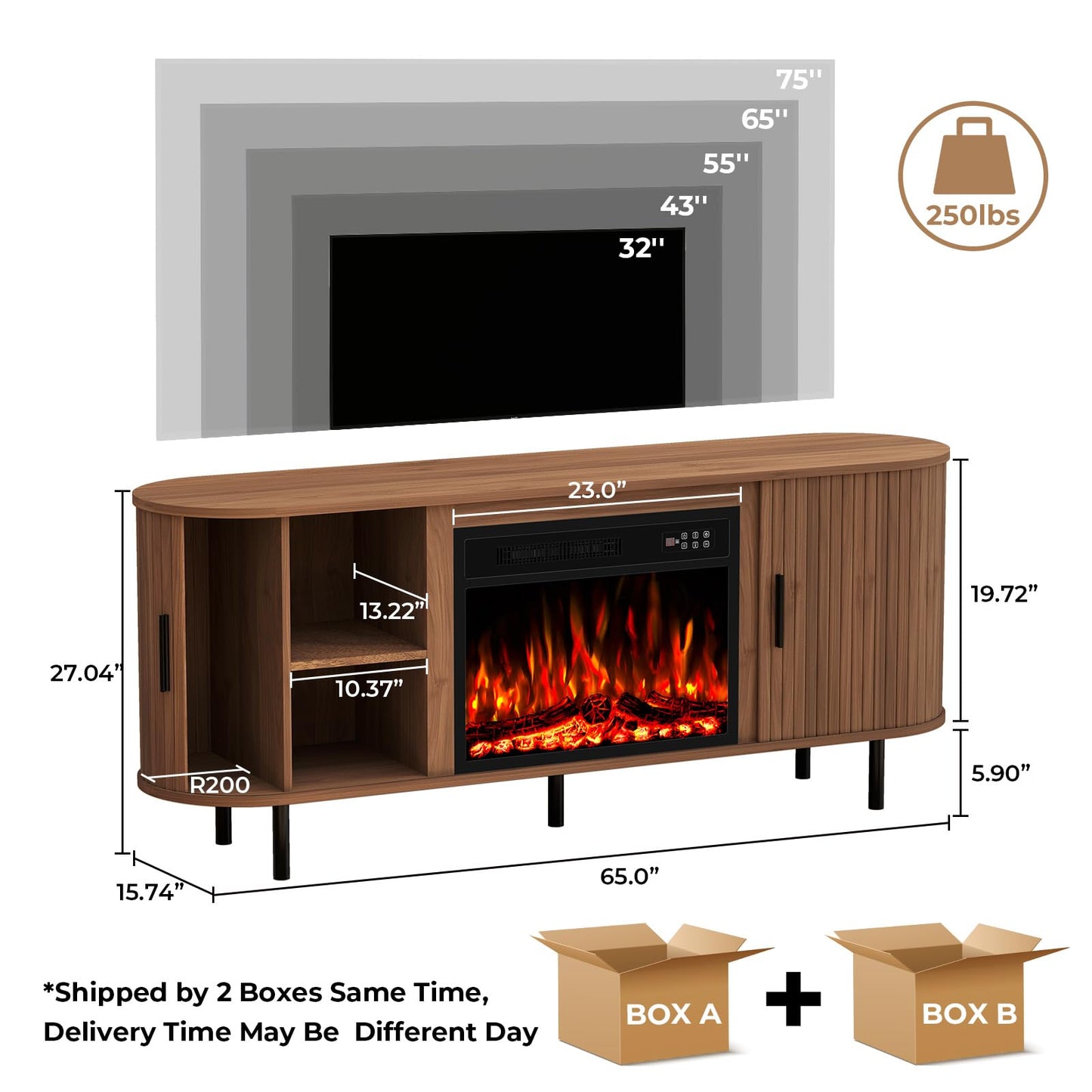 BREEZEHEAT 65'' Mid Century Modern Fluted TV Stand with 23" Fireplace, Curved Fireplace Entertainment Center for TVs Up to 75 Inches, Walnut Media Console Cabinet for Living Room