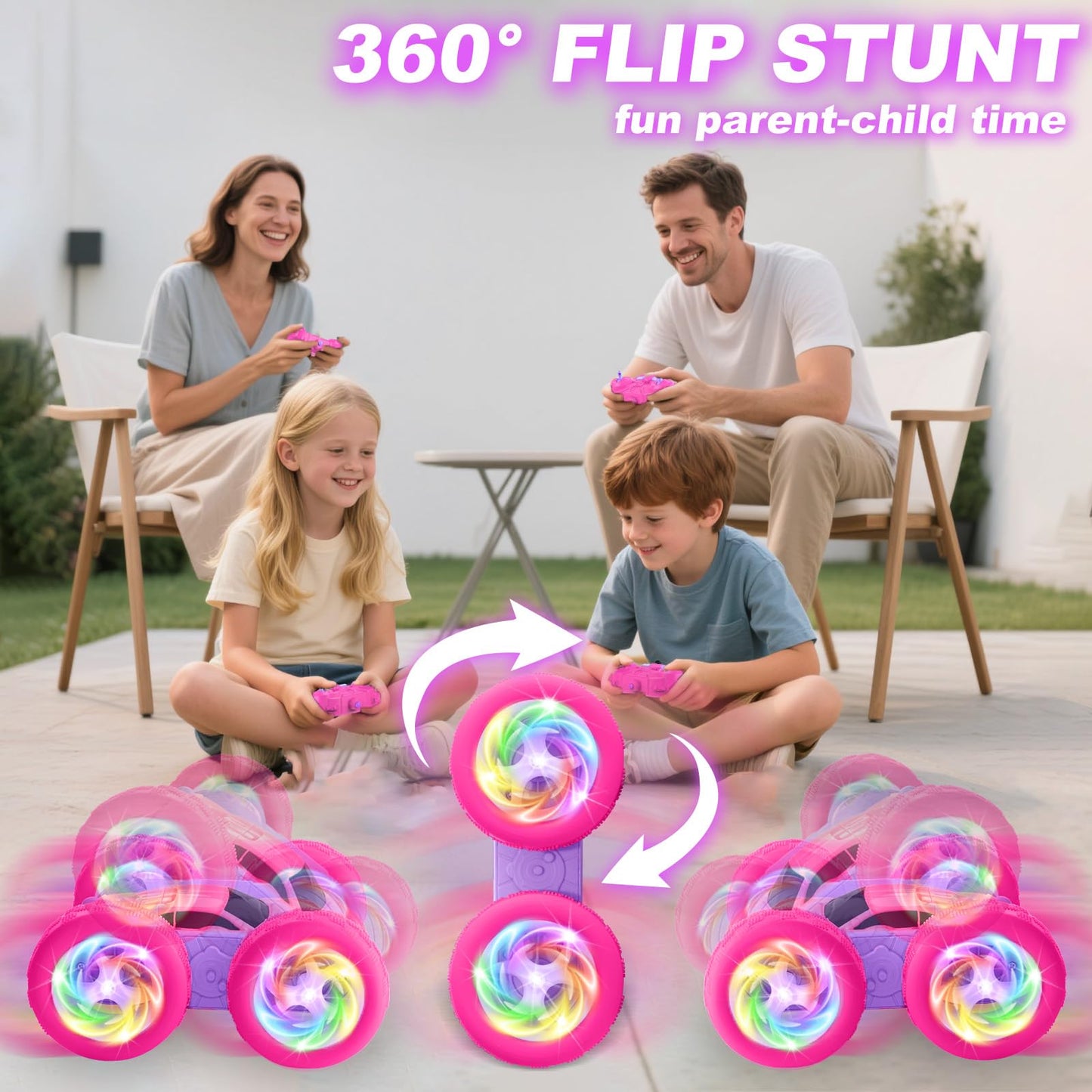 FDCTR Remote Control Car, RC Cars for Girls, 2.4 GHz Double Sided RC Crawler with Upgraded USB-C Modular Battery, 360°Rotating Car Toys for 6 7 8 9 10 11 12 Year Old Girl Birthday Gift Pink-Purple