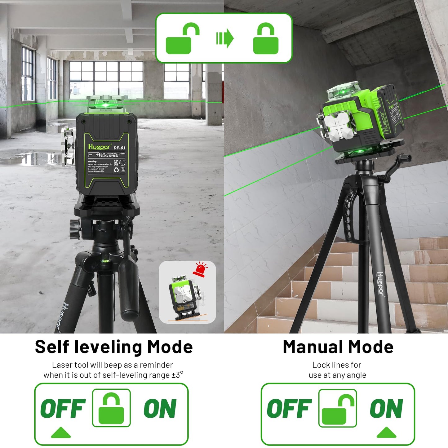 Huepar 12V 4x360 Laser Level Self Leveling with Bluetooth and Remote Control, 4D Green Cross Line Laser, 16 Lines Lazer Leveler Tool for Construction, Upgrraded Bracket, Removable Battery P04CG
