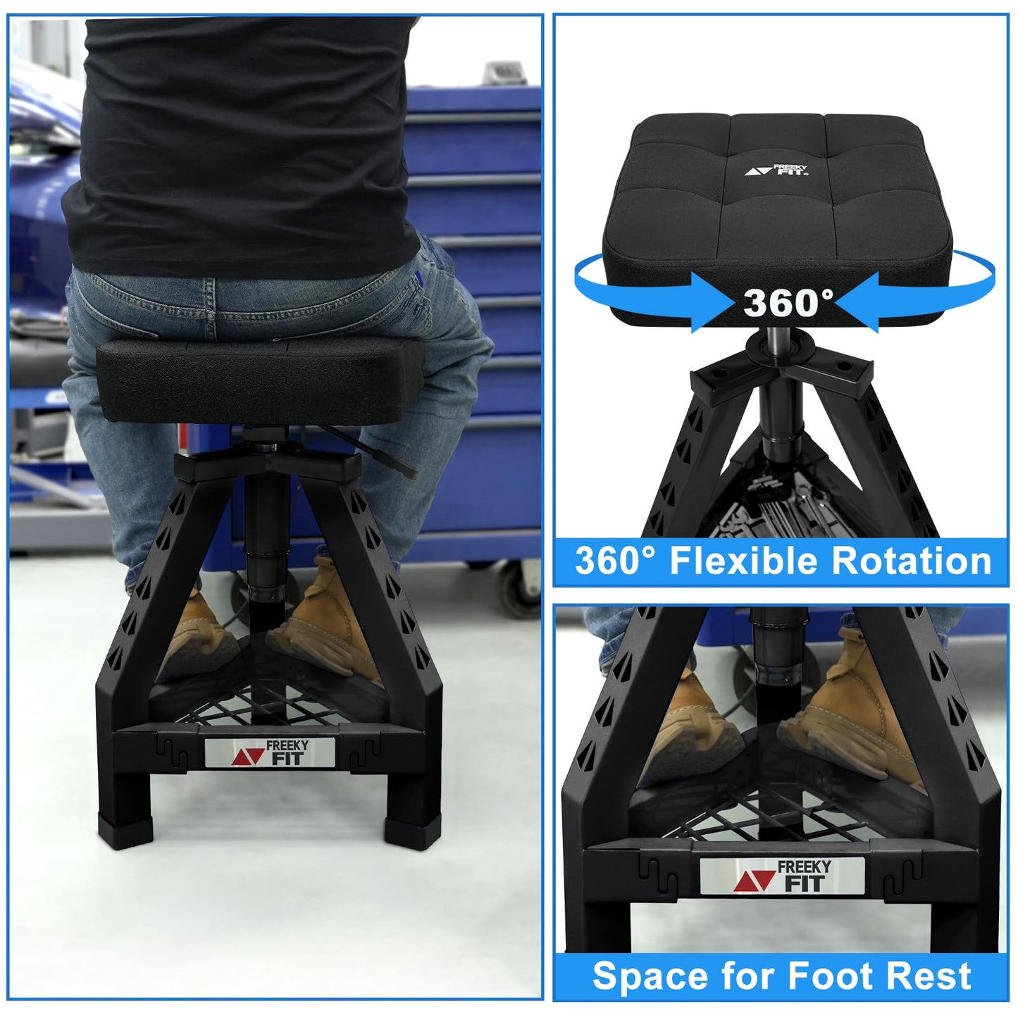 FreekyFit Adjustable Shop Stool,Garage Mechanic Stool Chair,Work Seat for Workshop, Adjustable Height, 360° Swivel Padded Square Seat,Tool Storage, 350 LBS Capacity, Heavy Duty, Black