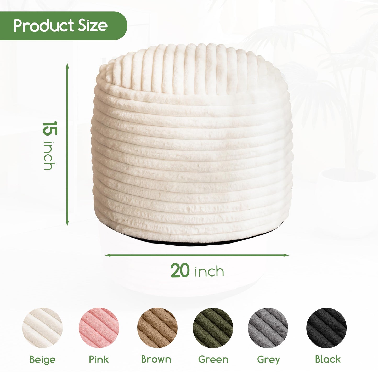 HIGOGOGO Round Stuffed Pouf Ottoman, Stripe Faux Fur Poufs with Foam Chunk Filling, Furry and Fluffy Pouf Foot Stool Storage Ottoman, 20 X 15 Floor Poufs Foot Rest for Living Room, Beige