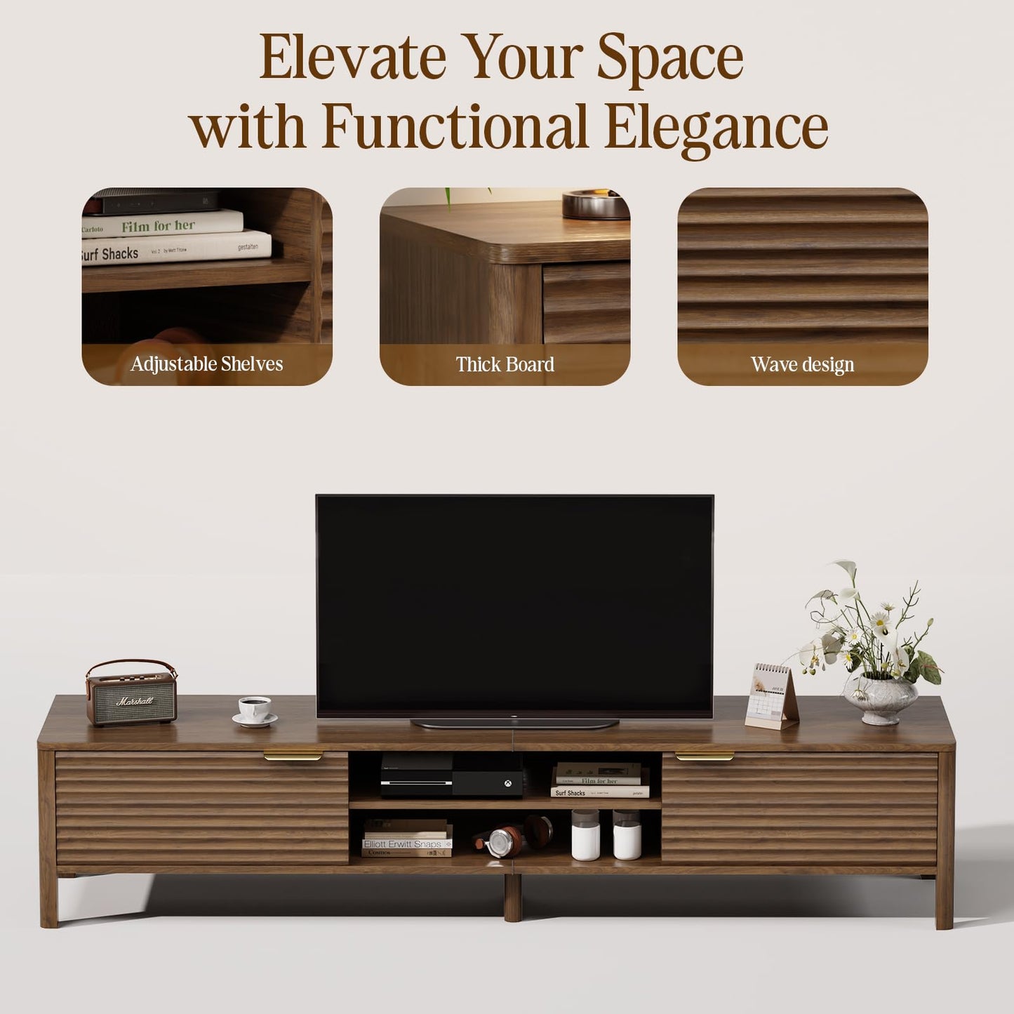 IKALIFE TV Stand for Living Room - up to 80 Inch TVs Mid Century Modern Entertainment Center with Storage and Adjustable Shelves, Media Console Table Walnut 71"