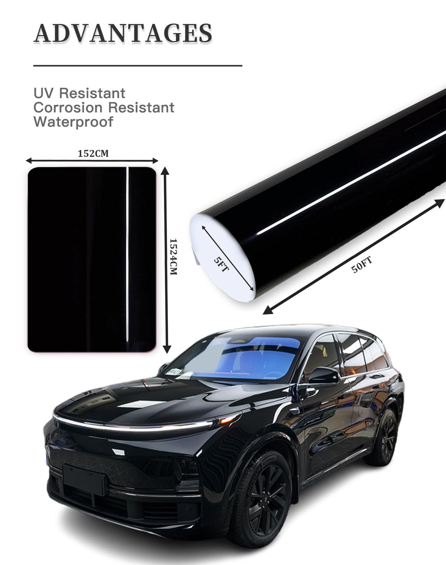 XINXINVibe 50ft x 5ft Gloss Black Car Vinyl Wrap Roll, Durable Easy Application Automotive Wrapping Film for Car Body Protection (Gloss Black)