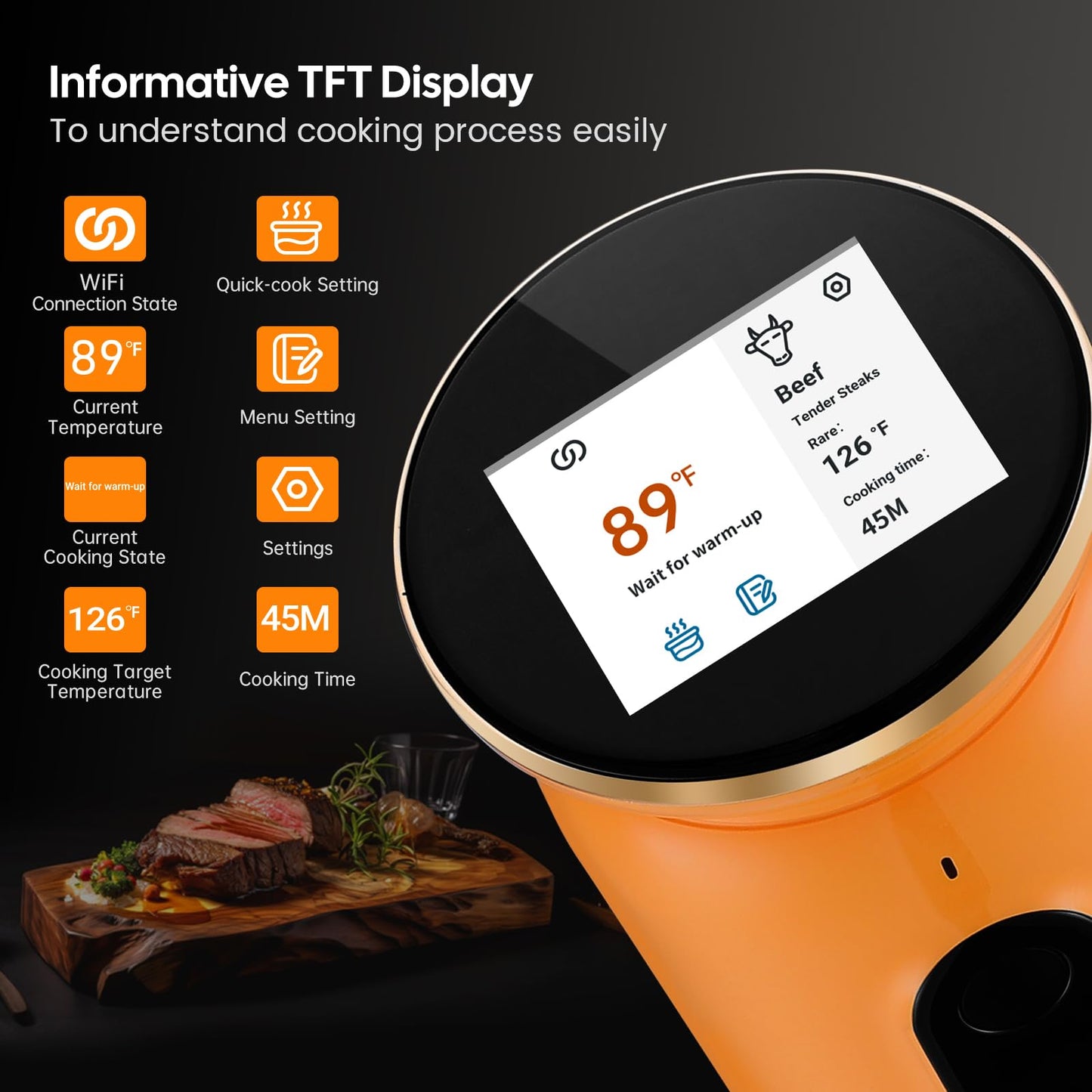INKBIRD 2.4G WiFi Sous Vide Cooker ISV-101W, 1000 Watts Sous Vide Machine Thermal Immersion Circulators 3D Water Circulation Heating with App Preset and Machine Recipes, Pre-alarm (Ornage)