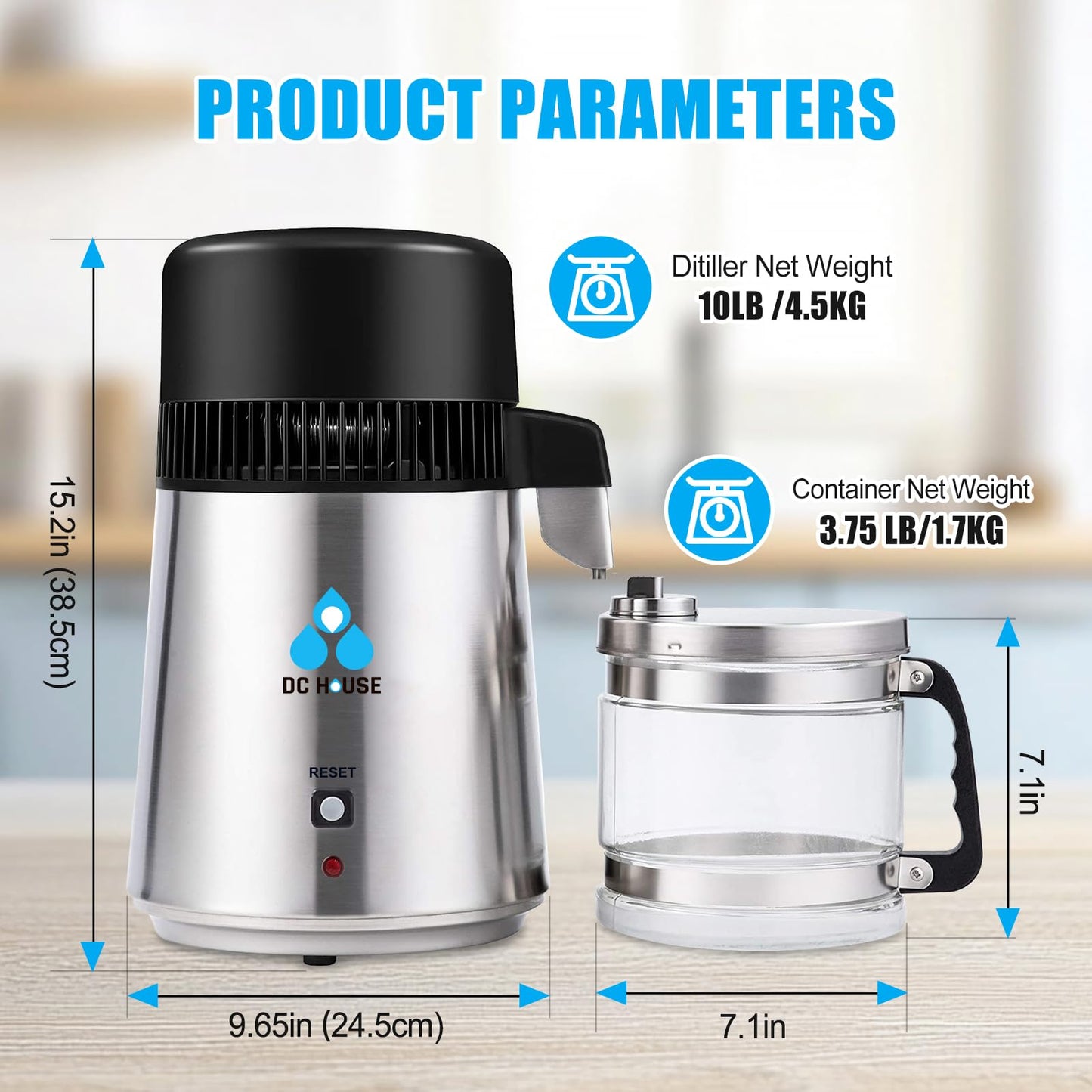DC House Distilled Water Machine 1 Gallon, Stainless Steel Water Distiller for Home Countertop 110V 750W Purifier for Humidifier Office CPAP with Smart Switch, Glass Pot