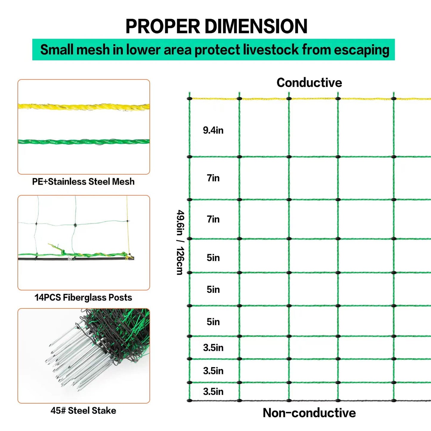 Electric Fence Netting, 49.6" H x 164' L, PE Net Fencing Kit with 14 Posts Double Spiked, Utility Portable Mesh for Sheep Goats Deer Hogs Dogs Lambs Used in Backyards Farms and Ranches, Green