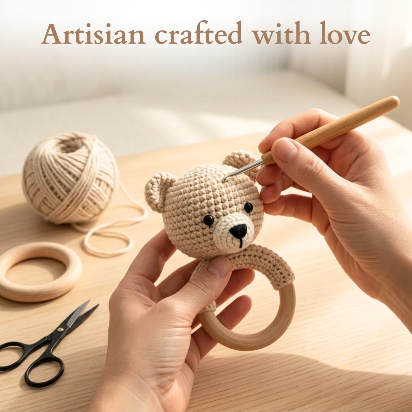 Organic Crochet Bear Baby Rattle Toy - Handmade Newborn Gift Set with Teether & Pacifier Holder - BPA-Free Organic Cotton New Baby Gift - Infant Sensory Toy for Girls Boys 0-12 Months