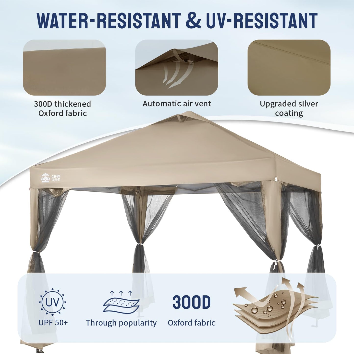 CROWN SHADES Gazebo 10x10 Pop Up Canopy with Mosquito Netting, Screen Tent with 4 Ropes, 8 Stakes, 4 Sandbags and Wheeled Storage Bag, Canopy for Patio & Backyard Parties,Camping&Events -(Beige)