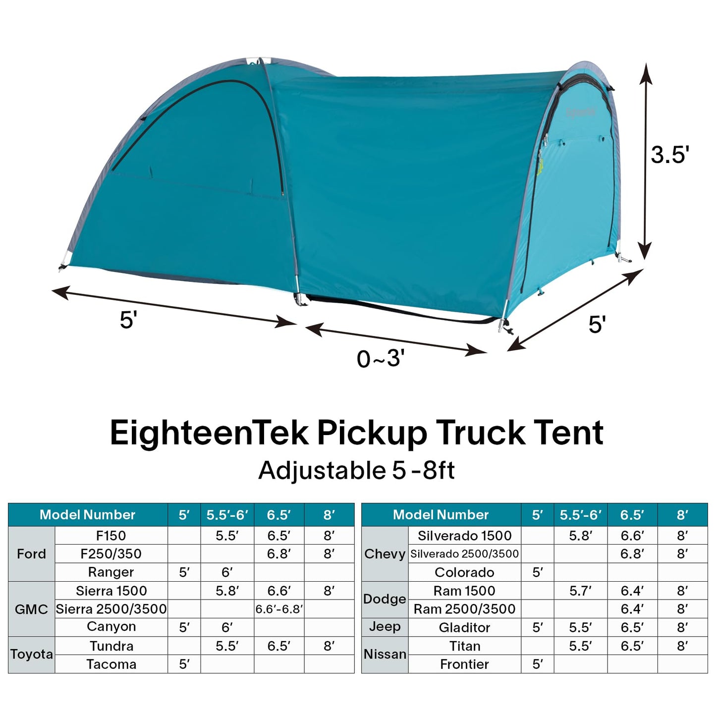 EighteenTek Truck Bed Tent Pop Up - Portable Outdoor Tents for Camping - Waterproof PU2000mm Double Layer Camper Shell Adjustable for 5-8 Ft Pickup Truck Bed