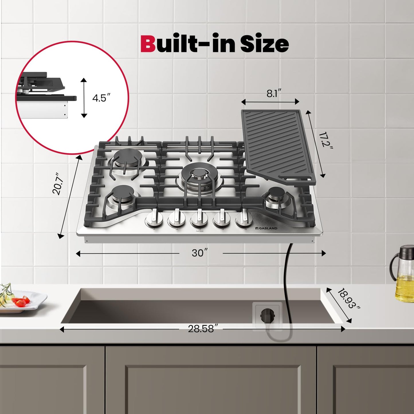 GASLAND 30 Inch Gas Cooktop, PRO GH3305SF 5 Burner Propane Stovetop with Reversible Cast Iron Grill/Griddle, Gas Countertop Plug-in, NG/LPG Convertible Cooktops, Stainless Steel