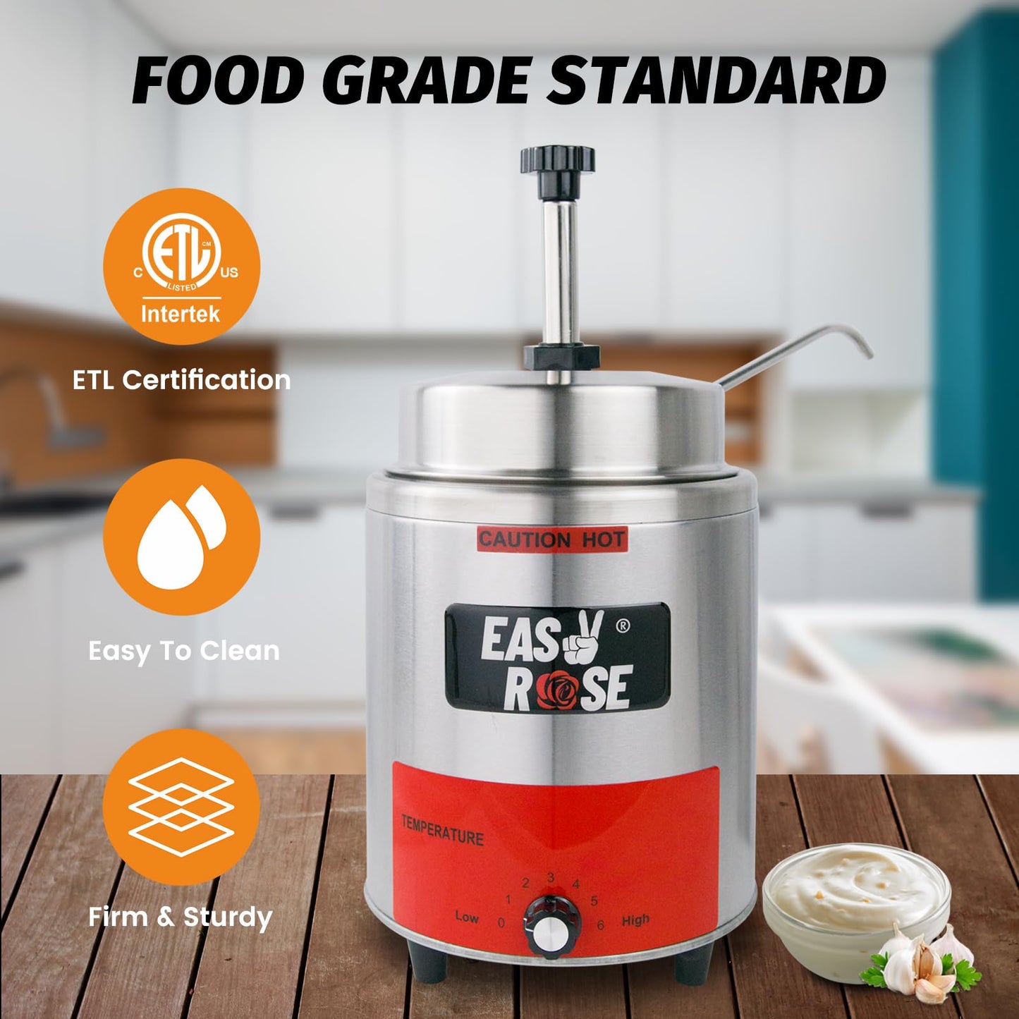 EASYROSE Commercial Electric Nacho Cheese Warmer with Pump - 3.5Qt Stainless Steel Hot Fudge & Cheese Dispenser for Butter, Caramel, Sauce - 120V, 550W