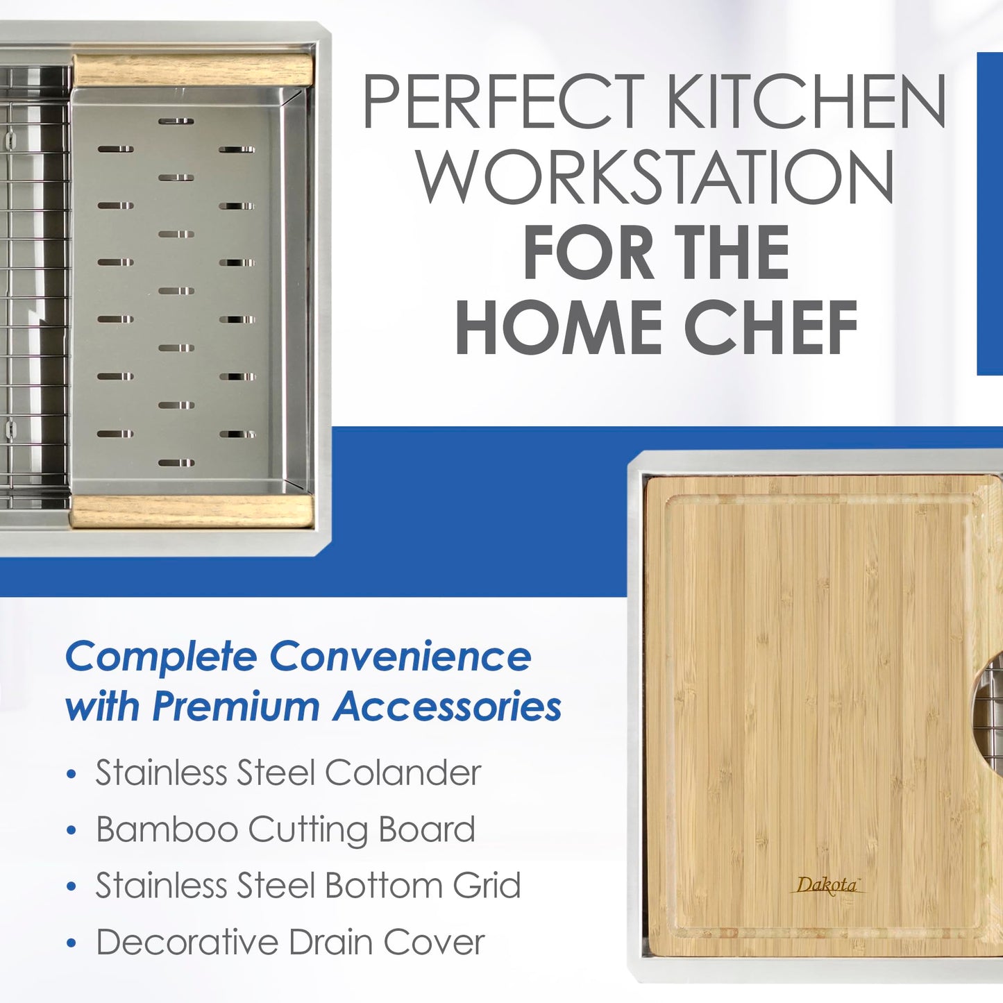 Dakota Workstation Kitchen Sink with Accessory Ledges, 30X20", 16 Gauge Stainless Steel, Undermount Single Bowl Drop In Sink with Colander, Bamboo Cutting Board, Bottom Grid, Premium Kitchen Sinks.